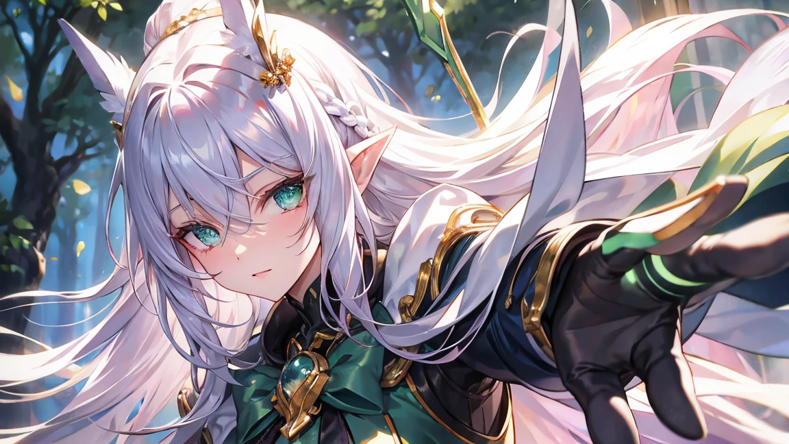 ((Silver Hair)), Highly detailed face and eyes, Very long hair, jewelry, Purple hair band, Long pointy ears, anime, masterpiece, Textured skin, (Super detailed), Awards, (highest quality), Fairy, in the forest, wood々Sunlight shining through, (Green Dress:1.4), whole body, Beautiful feet, hunting, Bow and Arrow, eyeball, tsurime, Variegated eyes, Bust Shot