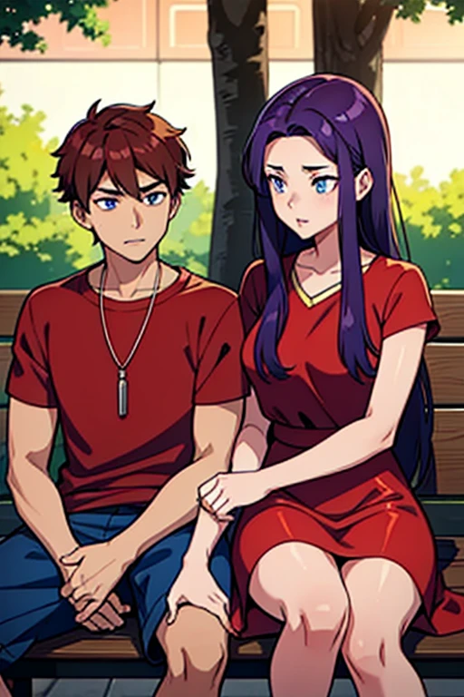 hot average guy wearing a red shirt, blue eyes with light skin and yellowish-brown hair. Hot Asian girl with purple hair and blue eyes wearing a long white dress light skinned wearing a neckless. they are sitting together on a bench outside
