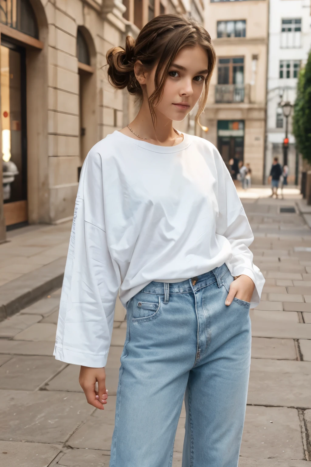 white boy Brown two-lock hairstyle Wearing a white oversized shirt, jeans, white sneakers, standing and pinching the cheeks, a cute girl.