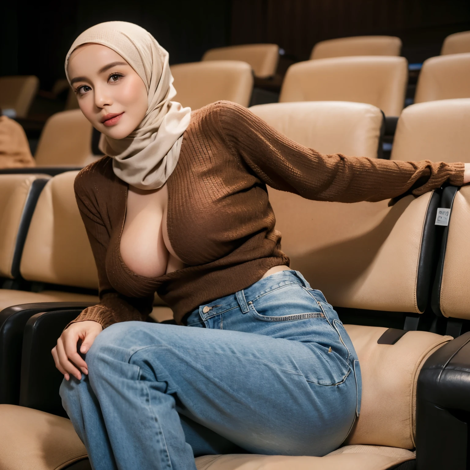 1 lady, wearing a brown colour sweater, wearing a long jeans, sitting in a cinema, (wearing a peach hijab), hijab covers her whole hair,(huge breast 1.6), sweet, thin waist, half body close shot, casual pose, (dark background)