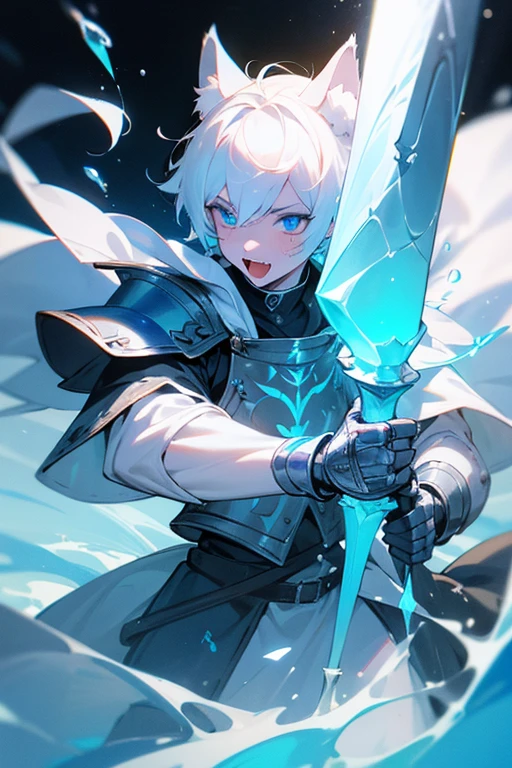 master masterpiece, 4k, highly detailed, 1boy, femboy, fangs, cat ears, white hair, short hair, white hair, white fur, ((water theme)), blue eyes, bright neon blue eyes, paladin, medieval, warrior, armor, blue cape, happy, Clear focus, hard lighting，vivd colour.