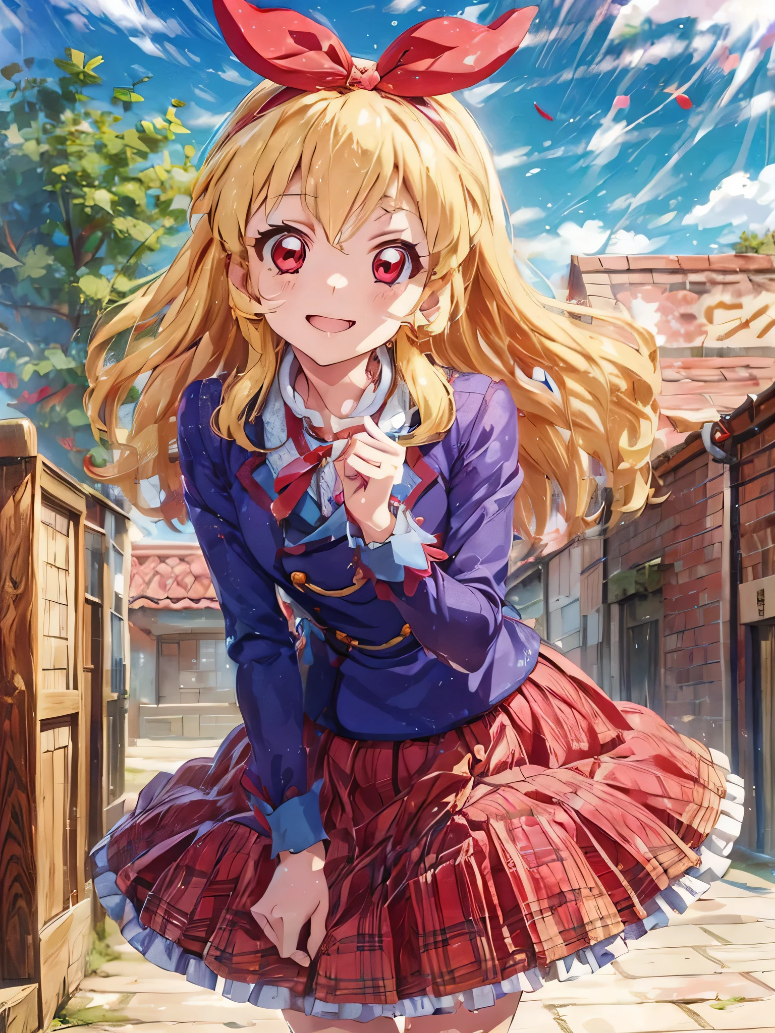 aikatsu,Blonde_HAIR,hoshimiya ichigo,hight resolution, absurdres, best_Quality, Ultra_Detailled, 8K, extremely_clear, photo, beautiful, Beautiful face, Scharp Focus, HDR, 1girl, Clean eyes, very wide-eyed,cyberpunk megacity background , hanabi, Beautiful face, very red areola, standing , very seductive pose, very young, teen, no bra, bare chest, No Top, NSFW, Blond long hair with red ends, pierced ears, marin kitagawa, clothes lift, skirt lift,panties