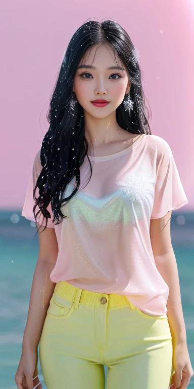 1 girl, Asian model, extremely beautiful, perfect body. Photo taken with Canon RF 85mm f/1.2 Camera, sharp mode for capturing people and landscape backgrounds. 8K photo quality, lifelike, masterpiece, sharpest and highest contrast, large depth of field, stereoscopic lighting. Her hair is pink, long and smooth, the wind blows it beautifully under the bright sunlight. Beautiful face, perfect and sexy, holy, perfectly proportioned, beautiful in every detail, ((shiny)), high-end cosmetic makeup. Bright smile, pure white teeth and details. Attractive glossy red lips, brilliant glossy red lipstick. Brown eyes, glossy, seductive, ((sharp makeup)), realistic, ((wet eyes)), detailed. Pink eyeshadow, long eyelashes, blush, high-end cosmetics. Two delicate eyelids, perfectly beautiful and detailed, black eyelashes. Eyebrows are curved, sparse, sharp and detailed. High and detailed nose. Cheeks are prominent and detailed. ((Bright white skin)), detailed pores, shiny skin, smooth skin. Long, shiny legs. Hands are beautiful, perfect, ((no flaws)), no defects. Yellow-black rays of light, ((lighting directly on the face)), sparkling sunlight, ((lighting on the front of the girl's body)). ((Pink shirt, pink accessories, pink pants, snowflake backdrop))