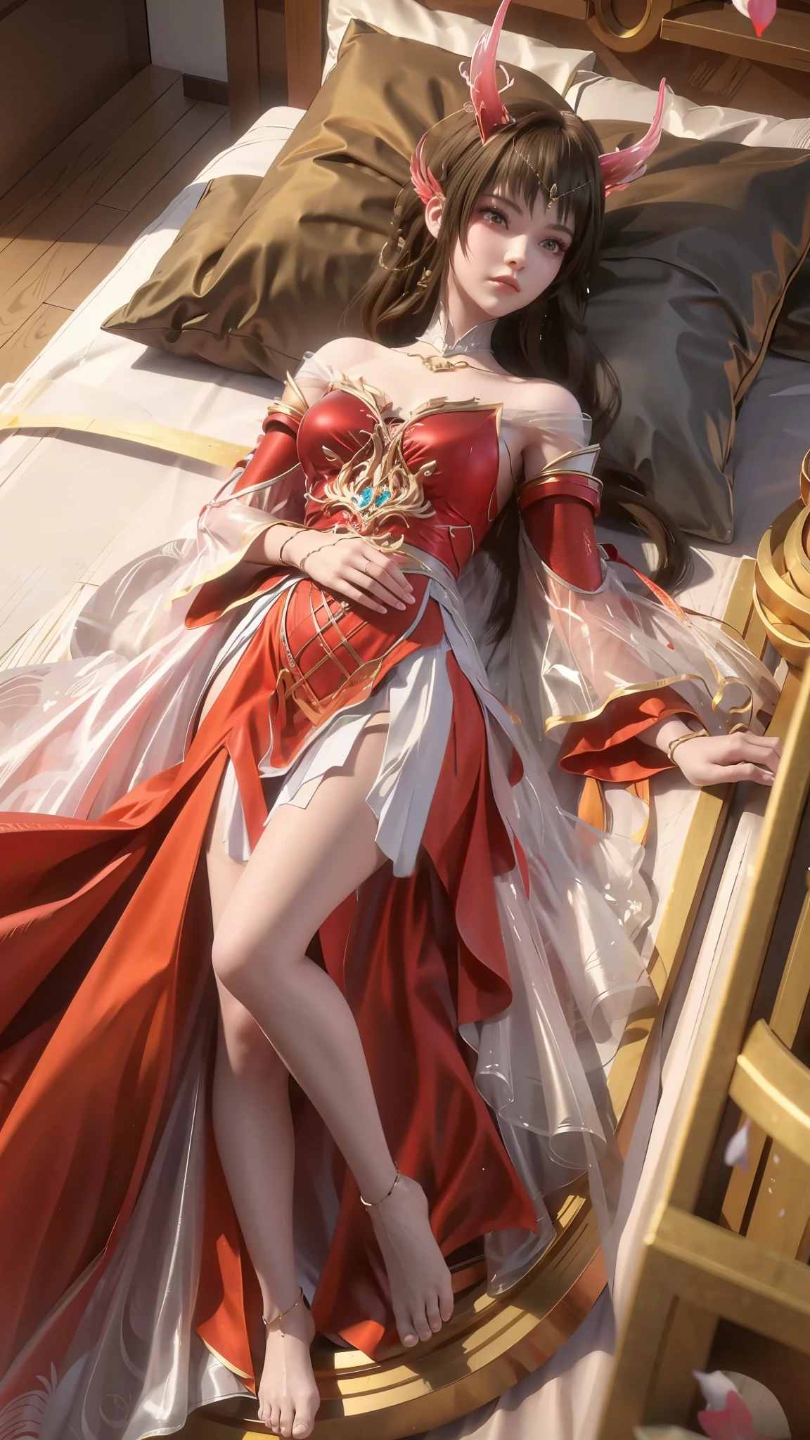 Red skirt，Red long skirt，Lengthen the skirt，No thighs，Completely covers the thighs