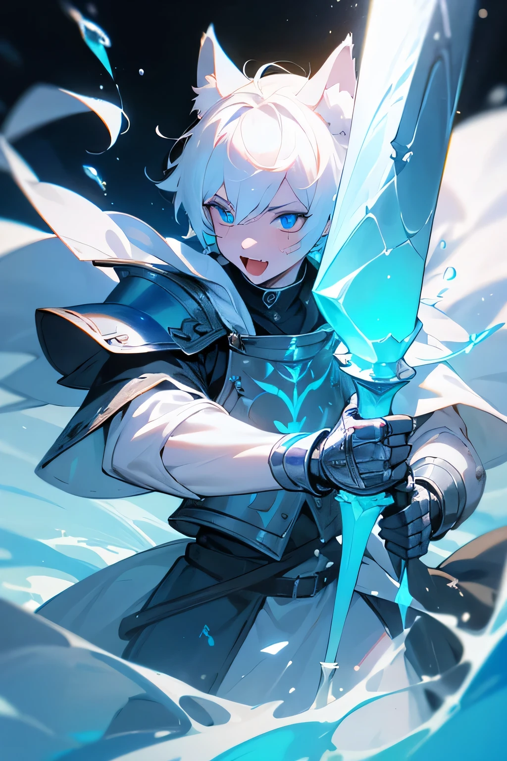 master masterpiece, 4k, highly detailed, 1boy, femboy, fangs, cat ears, white hair, short hair, white hair, white fur, ((water theme)), blue eyes, bright neon blue eyes, paladin, medieval, warrior, armor, blue cape, happy, Clear focus, hard lighting,vivd colour.