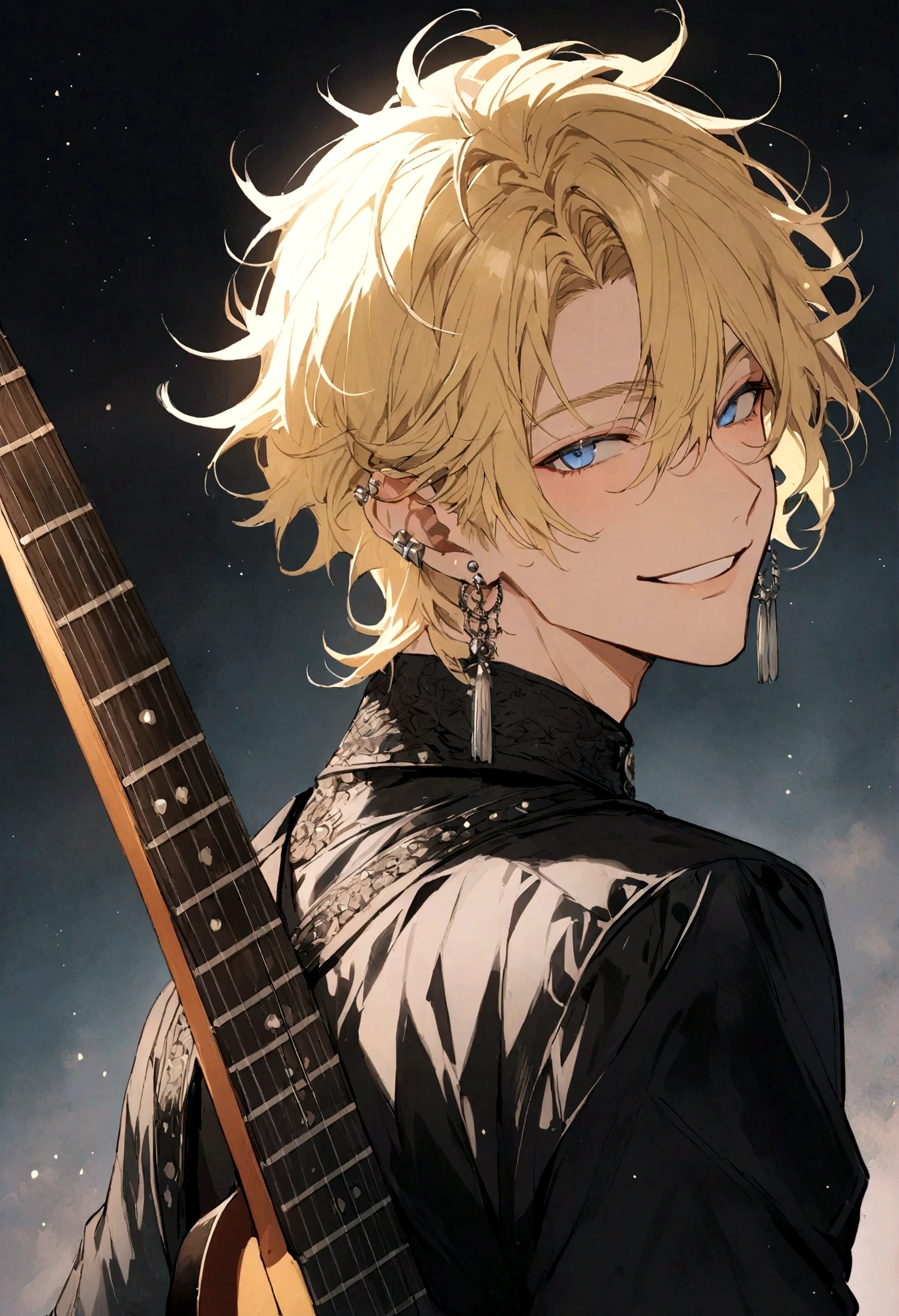male with blond hair, blue eyes, earrings, smiling, black shirt like a rock singer. guitar on his back.