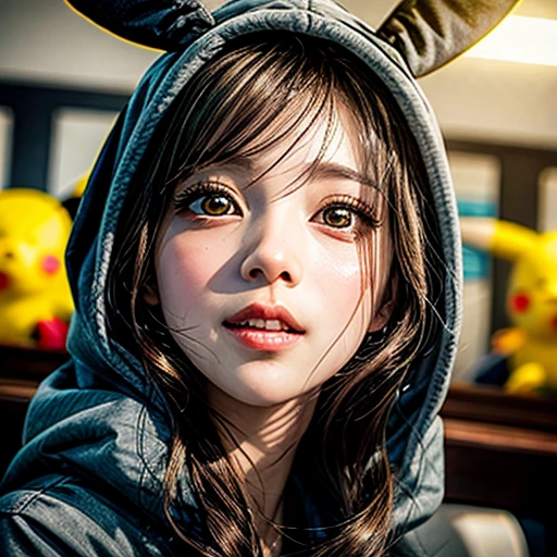 (Girl in (Yellow) Pikachu hood), (naked hoodie, hood loosely open) . masterpiece 8K best quality, (RAW PhotoRealistic HyperRealism:1.37) Ultra-detailed, (Acutance:0.85), VolumetricLighting, detailed pupils, (Colorful Light particles, Blurred colorful Lights dazzling bokeH:1.28), { on knees | kneeling | legs spread | hands above head | Gigantic Overflowing Cleavage | (Golden ray illuminating face) | (Photon Particles:0.95) } . BREAK (((Extremely detailed KAWAII face))), perfect anatomy, Childish, CaptivatingGaze, Elaborate detailed Eyes with (Sparkling Highlights:1.28), (Voluminous Long Eyelashes:0.88)、Glossy Lips, Rosy Cheeks, (Detailed Flawless FineSkin, Radiant PearlSkin with Transparency), Shiny SilkyHair, Random HairColor. { (joyful expressions:1.28) | (:d) }, (Large eyes:-1) .