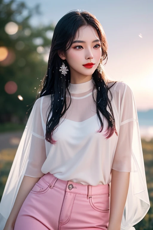 1 girl, Asian model, extremely beautiful, perfect body. Photo taken with Canon RF 85mm f/1.2 Camera, sharp mode for capturing people and landscape backgrounds. 8K photo quality, lifelike, masterpiece, sharpest and highest contrast, large depth of field, stereoscopic lighting. Her hair is pink, long and smooth, the wind blows it beautifully under the bright sunlight. Beautiful face, perfect and sexy, holy, perfectly proportioned, beautiful in every detail, ((shiny)), high-end cosmetic makeup. Bright smile, pure white teeth and details. Attractive glossy red lips, brilliant glossy red lipstick. Brown eyes, glossy, seductive, ((sharp makeup)), realistic, ((wet eyes)), detailed. Pink eyeshadow, long eyelashes, blush, high-end cosmetics. Two delicate eyelids, perfectly beautiful and detailed, black eyelashes. Eyebrows are curved, sparse, sharp and detailed. High and detailed nose. Cheeks are prominent and detailed. ((Bright white skin)), detailed pores, shiny skin, smooth skin. Long, shiny legs. Hands are beautiful, perfect, ((no flaws)), no defects. Yellow-black rays of light, ((lighting directly on the face)), sparkling sunlight, ((lighting on the front of the girl's body)). ((Pink shirt, pink accessories, pink pants, snowflake backdrop))