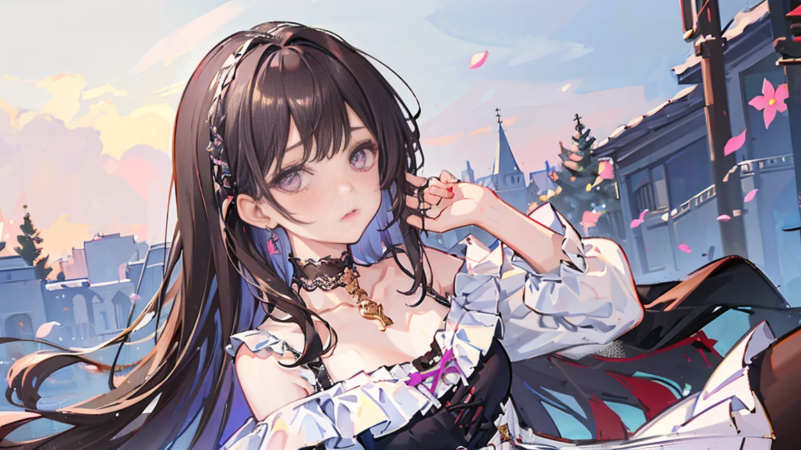 (highest quality, masterpiece), One girl, (Dark brown hair), Lavender eyes, Intricate details, Off the shoulder, skirt, choker, Frills, View Viewer, blush, Upper Body, Blurred Background, Floral print, Contrasting