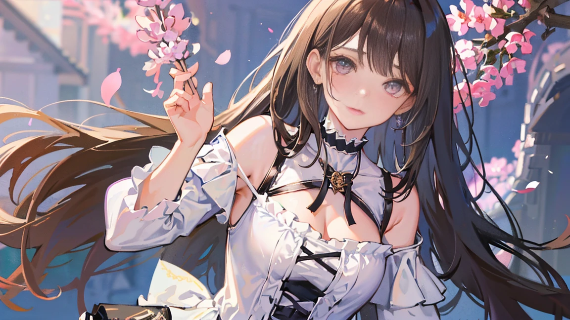 (highest quality, masterpiece), One girl, (Dark brown hair), Lavender eyes, Intricate details, Off the shoulder, skirt, choker, Frills, View Viewer, blush, Upper Body, Blurred Background, Floral print, Contrasting