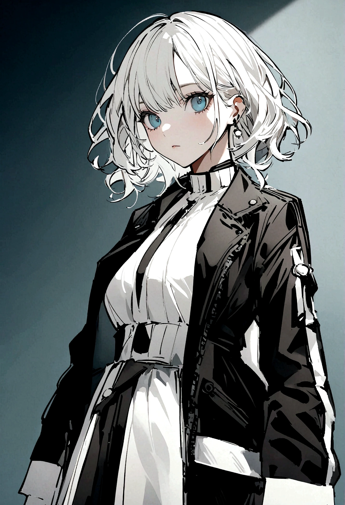a woman with white hair wearing a tight black jacket , in the style of mashup of styles, light gray and light bronze, edgy, soft-focus technique, dark white and dark cyan, soft edges, eye-catching --ar 36:53 --stylize 750 --v 6