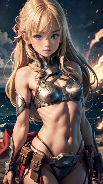 (8k),(masterpiece),(Japanese),(8--old l),((innocent look)),((Childish)),From the front and above,smile,cute,Innocent,Kind eyes,flat chest, Slender,Hairless vagina, Thor,Long,Hair blowing in the wind,Blonde Hair,strong wind,night,big cinematic explosion 