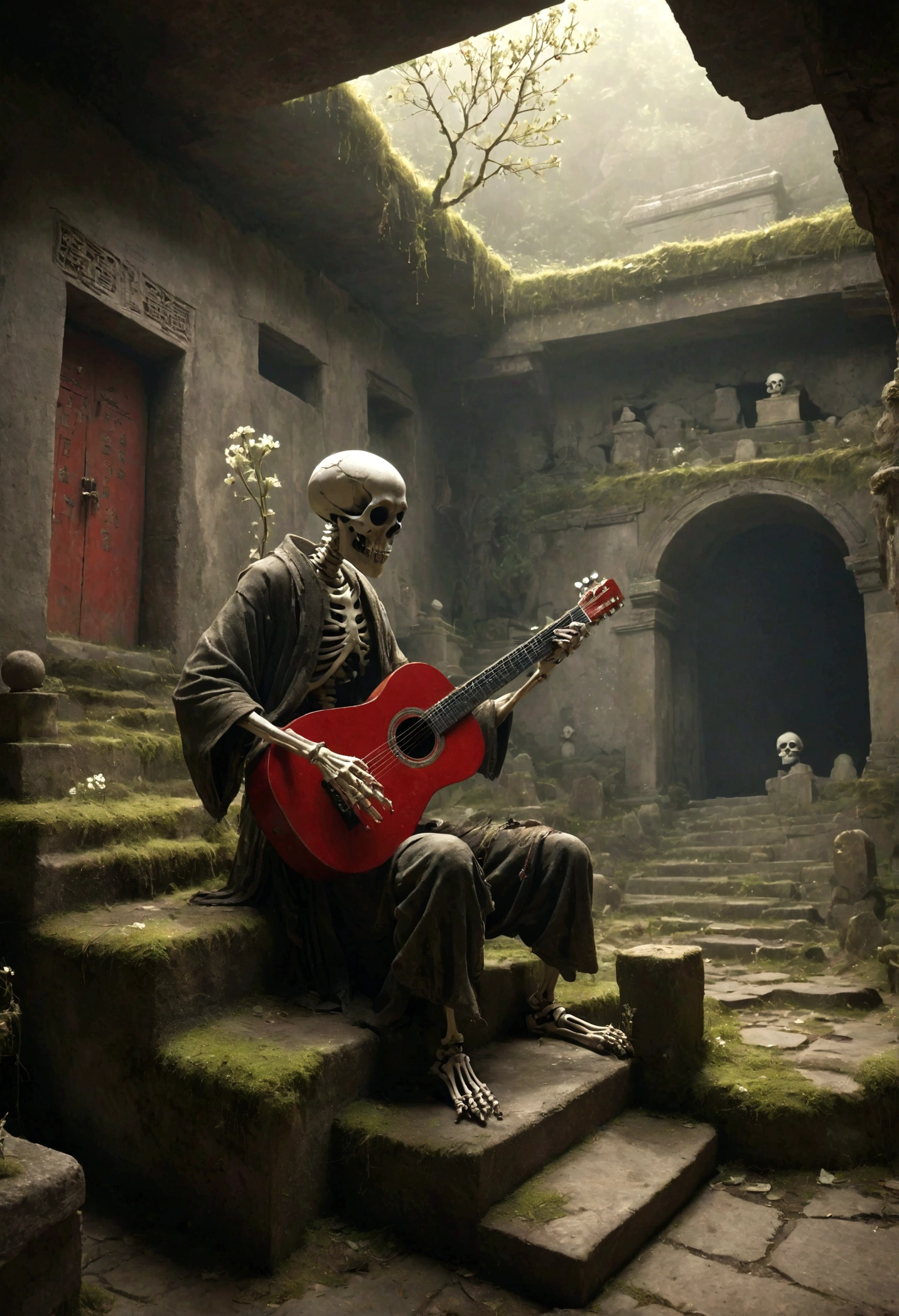 a skeletal figure playing a guitar, melancholic, desolate, moss-covered, dilapidated, squalid, (best quality,4k,8k,highres,masterpiece:1.2),ultra-detailed,(realistic,photorealistic,photo-realistic:1.37),dark fantasy,grim,moody lighting,dramatic shadows,cinematic,moody color palette,muted tones,grunge,decaying,weathered,tattered,Small white flowers,Ancient Chinese tombs,Dungeons,Cemetery,Black red,There is a broken bowl in front.,The Trail,Stairs