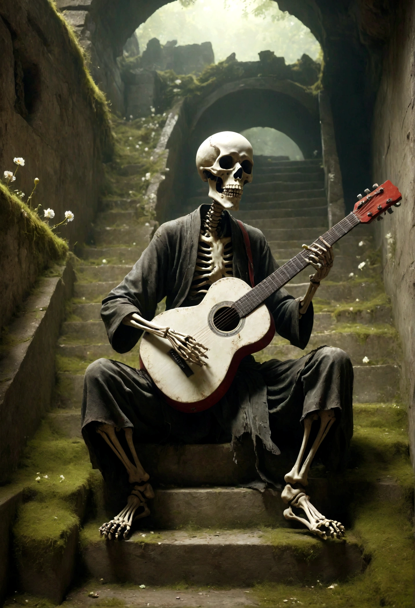 a skeletal figure playing a guitar, melancholic, desolate, moss-covered, dilapidated, squalid, (best quality,4k,8k,highres,masterpiece:1.2),ultra-detailed,(realistic,photorealistic,photo-realistic:1.37),dark fantasy,grim,moody lighting,dramatic shadows,cinematic,moody color palette,muted tones,grunge,decaying,weathered,tattered,Small white flowers,Ancient Chinese tombs,Dungeons,Cemetery,Black red,There is a broken bowl in front.,The Trail,Stairs