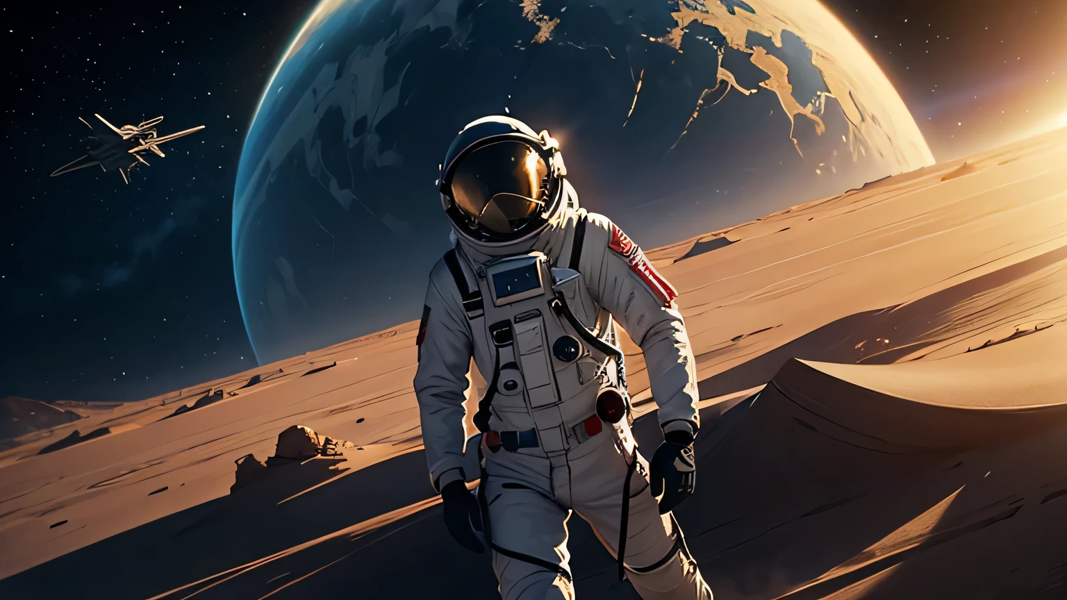 Science fiction, советский space fighter, planet with desert landscape, astronaut-pilot