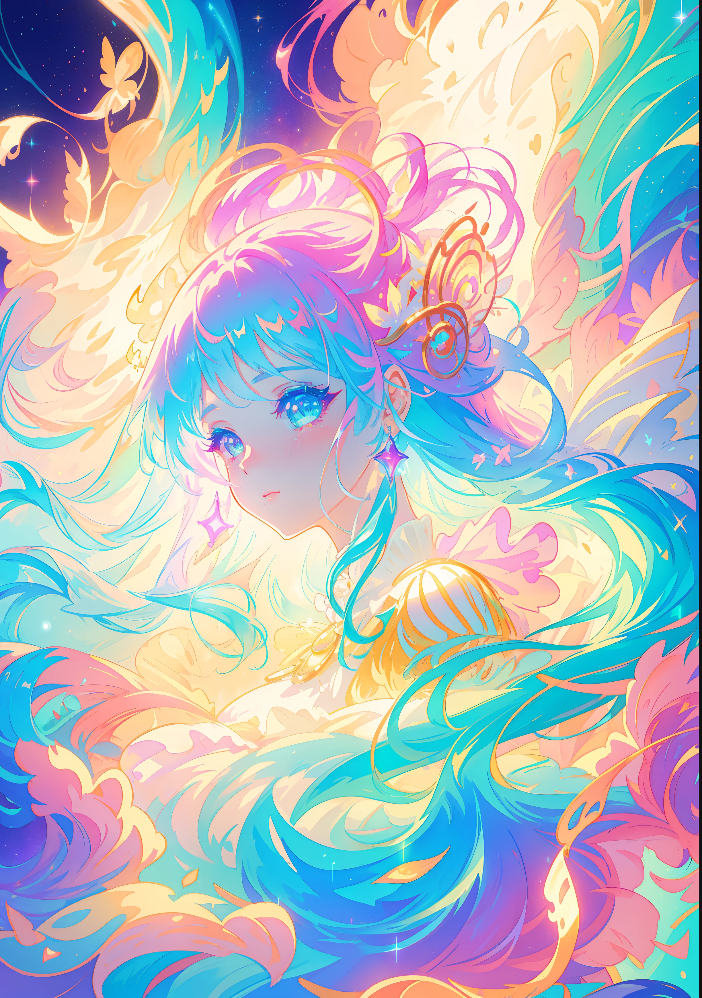beautiful girl, Fluffy layered prom dress,With puffy long sleeves, Bright pastel colors, (rich and colorful), Shiny blond hair, magic lights, sparkling magic liquid, inspired author Glen Keane, inspired author:Louis van Baarle, Disney Art Style, author:Louis van Baarle, A glowing halo surrounds her, author Glen Keane, Just a joke, Glowing lights! Digital Painting, Flowing and shiny hair, Shiny and flowing hair, Beautiful digital illustration, fantasy曲背景, Fantastic, magic, fantasy, ((Pretty Face)), ((masterpiece, best quality)), Intricate details, Very detailed, Clear focus, 8k resolution, Sparkling eyes, Liquid watercolor