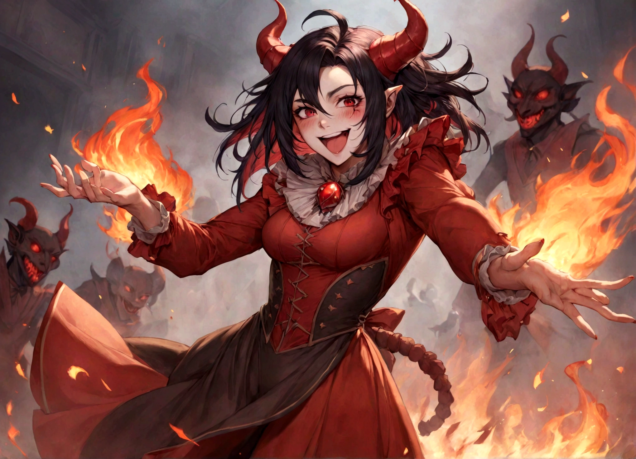 Jester, Red, Black, Rakdos, High Quality, Laughing, Female, Demon, Fire, Magic the Gathering, Androgynous, Adult, Psychopath, Circus, Dancing, Solo, Theatre, Performer, Look Away, Black long Hair, Hair Falling over Face, 30 years old, Milf, Grown Up, Not young looking