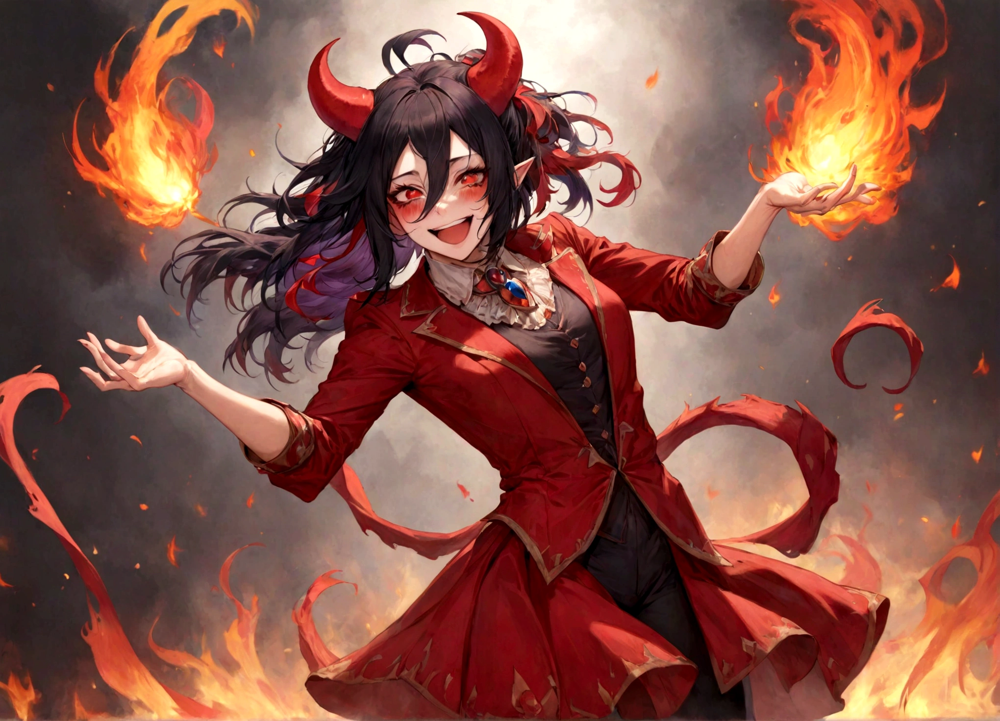 Jester, Red, Black, Rakdos, High Quality, Laughing, Female, Demon, Fire, Magic the Gathering, Androgynous, Adult, Psychopath, Circus, Dancing, Solo, Theatre, Performer, Look Away, Black long Hair, Hair Falling over Face, 30 years old, Milf, Grown Up, Not young looking