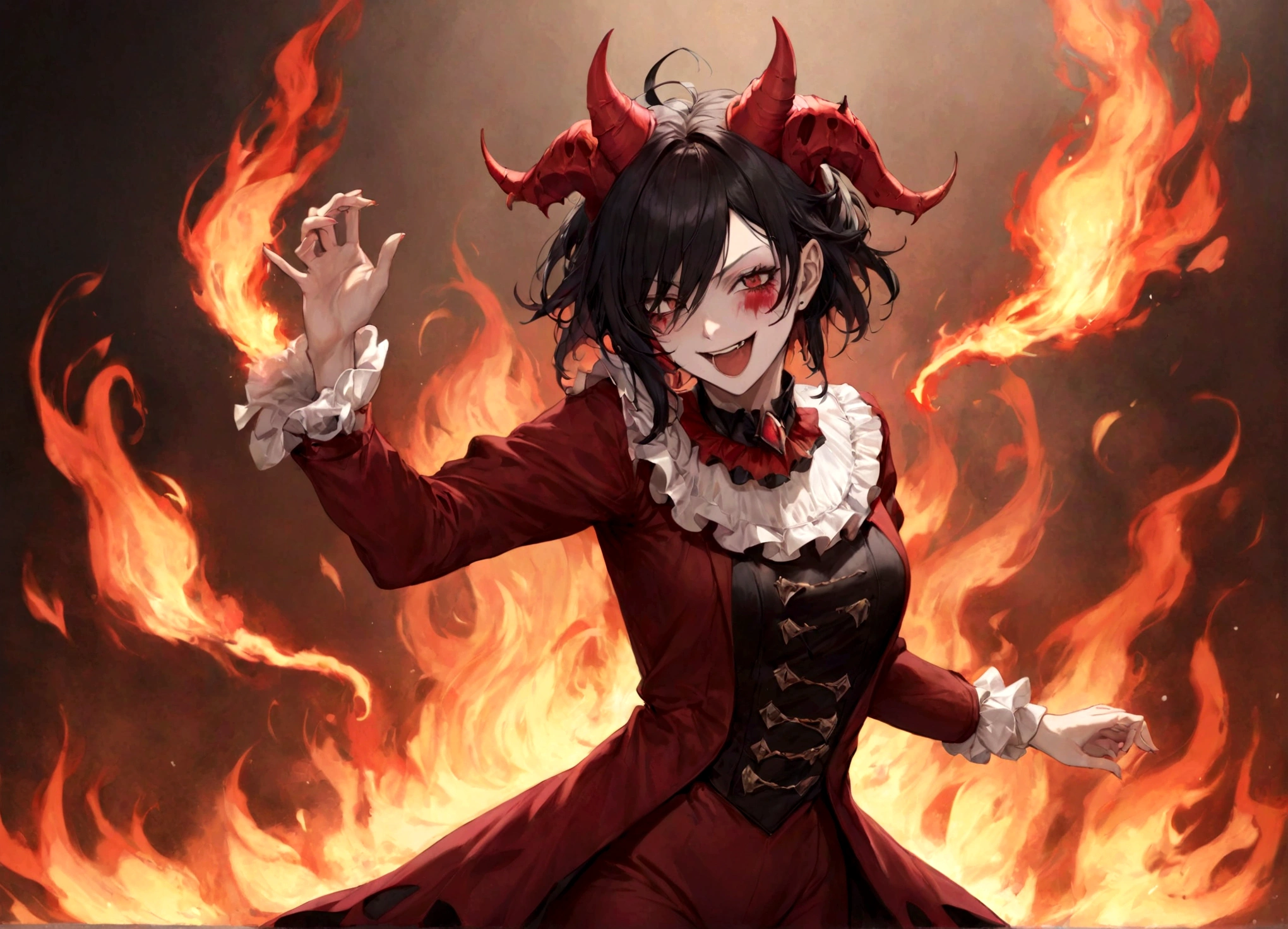 Jester, Red, Black, Rakdos, High Quality, Laughing, Female, Demon, Fire, Magic the Gathering, Androgynous, Adult, Psychopath, Circus, Dancing, Solo, Theatre, Performer, Look Away, Black long Hair, Hair Falling over Face, 30 years old, Milf, Grown Up, Not young looking