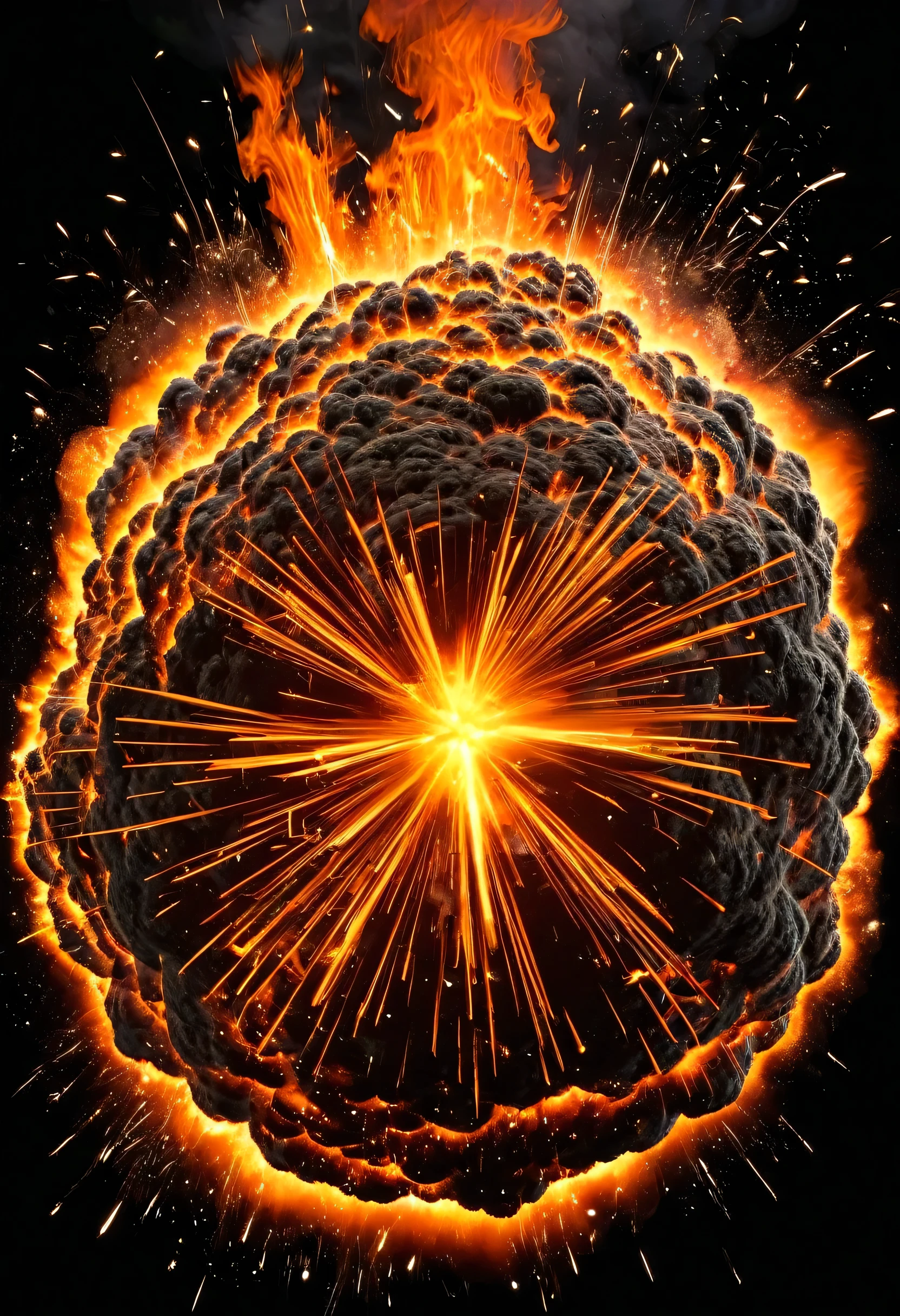 Create a dramatic explosion scene with vibrant colors and intricate details. Capture the moment of a massive fireball, with swirling flames in shades of orange, red, and yellow. Dark, dense smoke billows out, creating a stark contrast with the fiery core. Set the explosion against a pitch-black background to emphasize the intensity of the flames and the chaos of the moment. Include flying sparks and debris to add dynamic motion and depth to the image. Ensure the overall composition is balanced, with the fireball centered and the smoke and debris spreading symmetrically. The image should convey a sense of power and destruction, with a visually striking and realistic representation of an explosion, on transparent background