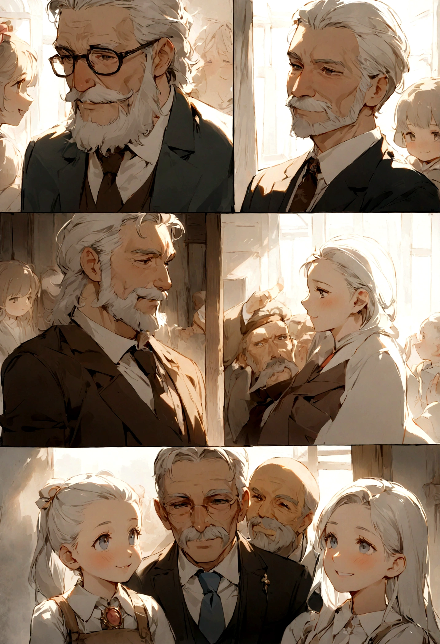 (best quality,High resolution:1.2),(Practical,photoPractical:1.37),Father portrait,Loving Father,Gentle eyes and smile,wisdom and experience,Beard and Mustache,Deep wrinkles and smile lines,Kind,white hair,suit and tie,Confident expression,Rustic charm,soft light,Black and White Photography,Vivid details,emotional connection,Unforgettable and warm,A love passed down from generation to generation,Dignity and grace,Wise and resilient,Strong presence,Fatherly love,precious,Eternal beauty,Unconditional love,Admiration and respect,family legacy,thoughtful gaze,Always cherish,Parental guidance and support,Good role model,Unbreakable bond,Deep wisdom and love,The greatest teacher,Unforgettable moments,Treasure forever.