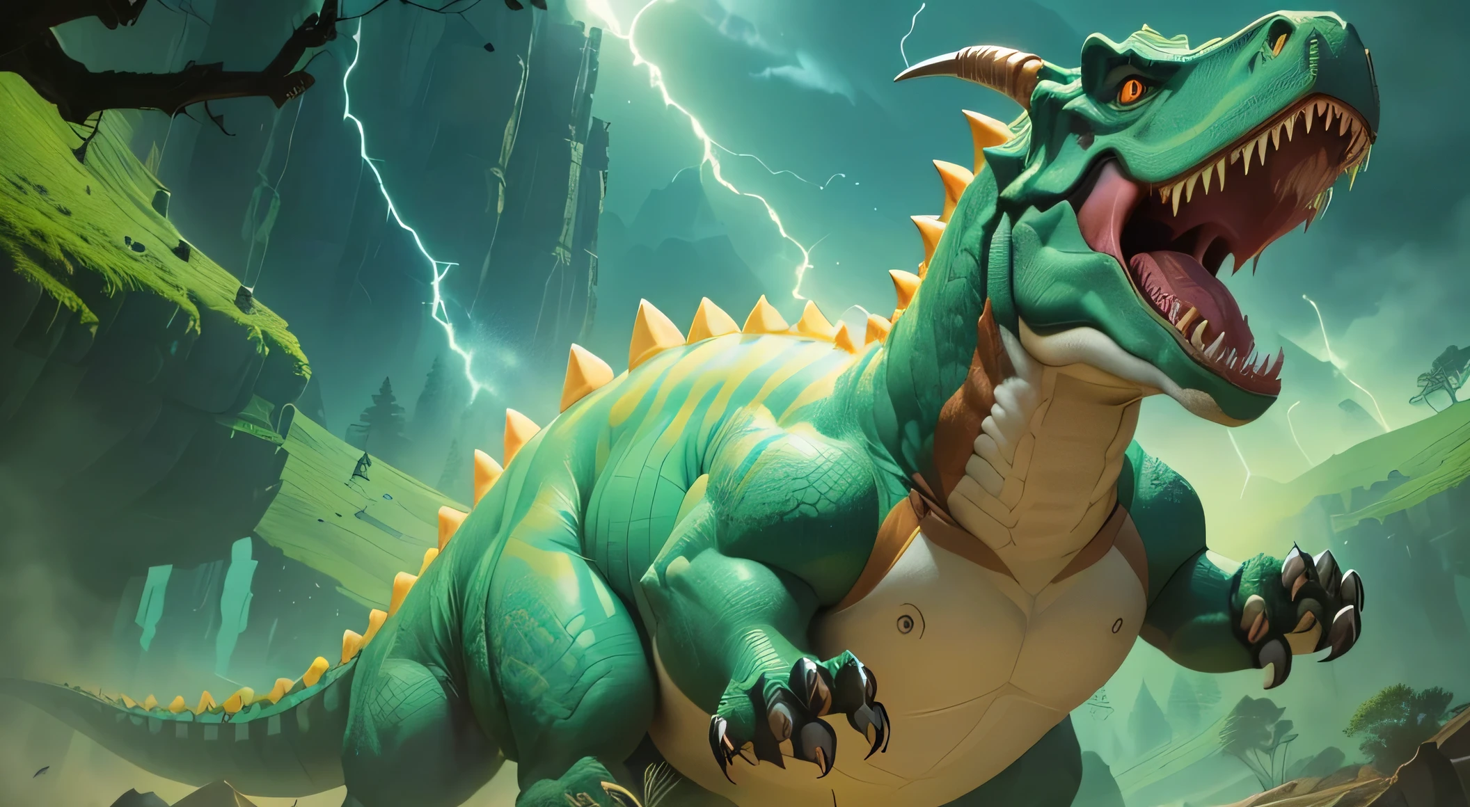 There is a cartoon dinosaur standing in the woods, dragon our species, The meteorite impact behind the dinosaurs, Tyrannosaurus rex drinks huge IPA, From Hearthstone, Artgerm and Atey Ghailan, A dragon resting in a cave, author:Lisa Nankivil, Background artwork, Lars van Baarle and Louis van Baarle, Jurassic images, Collectible Card Art,una Feroze batalla entre un T-Rex y un triceratops, (best quality, 4k, Altas Resolampones, Super detailed), Fierce Battle, roars and trumpets, Dusty prehistoric landscape, Realistic shadows, Bright colors, (detailed, complex, meticulously made) Dinosaur scales and textures, Dynamic Action, (Feroze, Decide) The expression on the face of a dinosaur, (powerful, muscular) Body, Sharp teeth and horns, (Big Ass, momentum) size, (Dramatic, Dynamic) lamp, (powerful, Full of energy) posture, (nervous, expected) up in the air,1 vs 1,Blood,hunt,Endocrine defense,life and death battle,Super Fine,Sharp Teeth