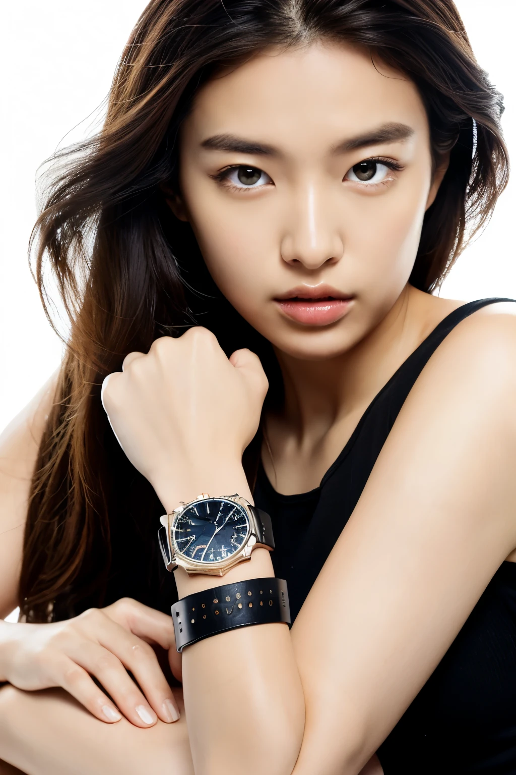 ((best quality)), ((masterpiece)), (detailed), ((best quality)), ((masterpiece)), (detailed), there is a man and woman that are wearing watch together, watch,, Detailed picture, Wearing a watch, couple, picture, Highly realistic, Two people wearing watches, Product introduction photos, unbelievably realistic,couple, Ultra-high detail, White gold and black watch dial,Horizontal line of sight,Studio Lighting,stainless steel watch strap,Man's hand holding woman's hand,Ultra-high detail mechanical watch,