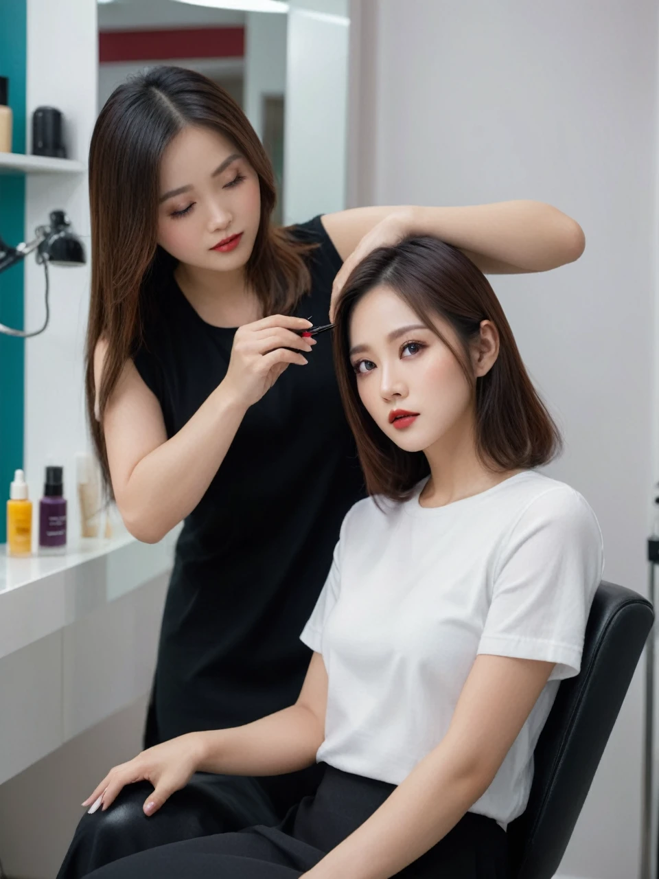a beautiful asian woman sitting in a hair salon, detailed skin, realistic skin tones, beautiful detailed eyes, beautiful detailed lips, extremely detailed face, long eyelashes, realistic hair, intricate hairstyling by a skilled hairstylist, masterpiece, photorealistic, 8k, ultra-detailed, hyper realistic, cinematic lighting, warm color tones, natural skin texture, studio lighting