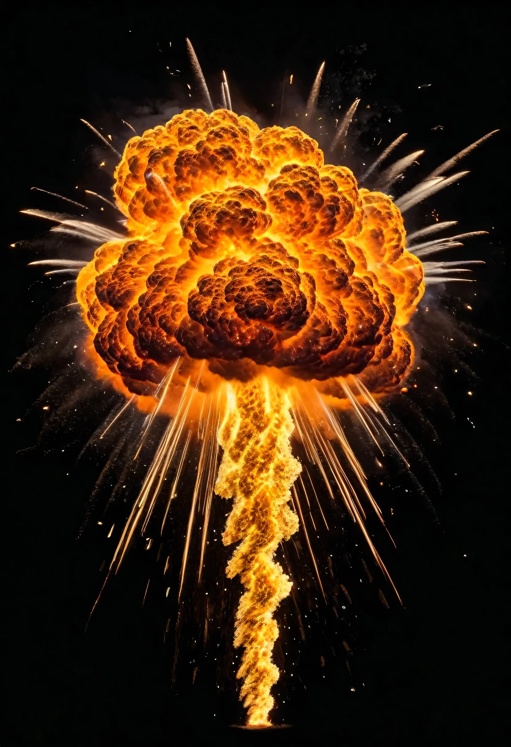 Create a dramatic explosion scene with vibrant colors and intricate details. Capture the moment of a massive fireball, with swirling flames in shades of orange, red, and yellow. Dark, dense smoke billows out, creating a stark contrast with the fiery core. Set the explosion against a pitch-black background to emphasize the intensity of the flames and the chaos of the moment. Include flying sparks and debris to add dynamic motion and depth to the image. Ensure the overall composition is balanced, with the fireball centered and the smoke and debris spreading symmetrically. The image should convey a sense of power and destruction, with a visually striking and realistic representation of an explosion, on transparent background