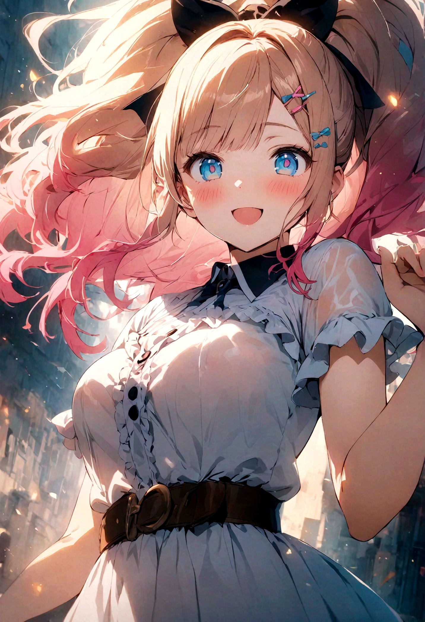 ponytail、Glossy blonde、Three flower-shaped hairpins on the left sideburn、Slightly desaturated blue eyes、Droopy eyes、Shining Eyes、The eye sockets are foot-shaped、the eyes are dark blue、smile、Open your mouth、Wearing a dress、A thick brown belt under the chest、masterpiece, highest quality, Official Art, Very detailed, Absurd, 8K resolution, 16-year-old girl, change, alone, 明るいsmile, Transparent clothes, White clothes、A small pink heart-shaped tattoo on the left cheek、fine grain、shabby bangs、Pink Hair、Blush and redness、Gradient Hair、Ample Bust、Perfect Face、Big hair ribbon、Short sleeve、Ruffle sleeves、Collared shirt、Uniform ribbon、Hair hanging down behind the ears