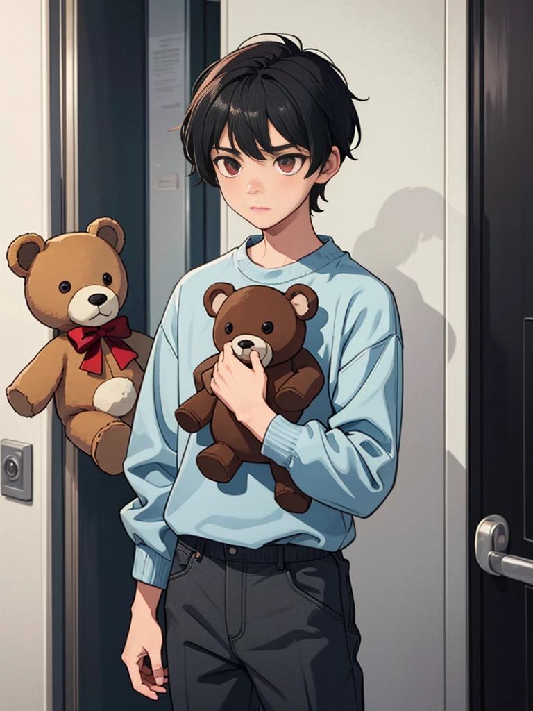  man 12 years old with short black hair melancholic red eyes wearing gray clothing carrying a brown teddy bear