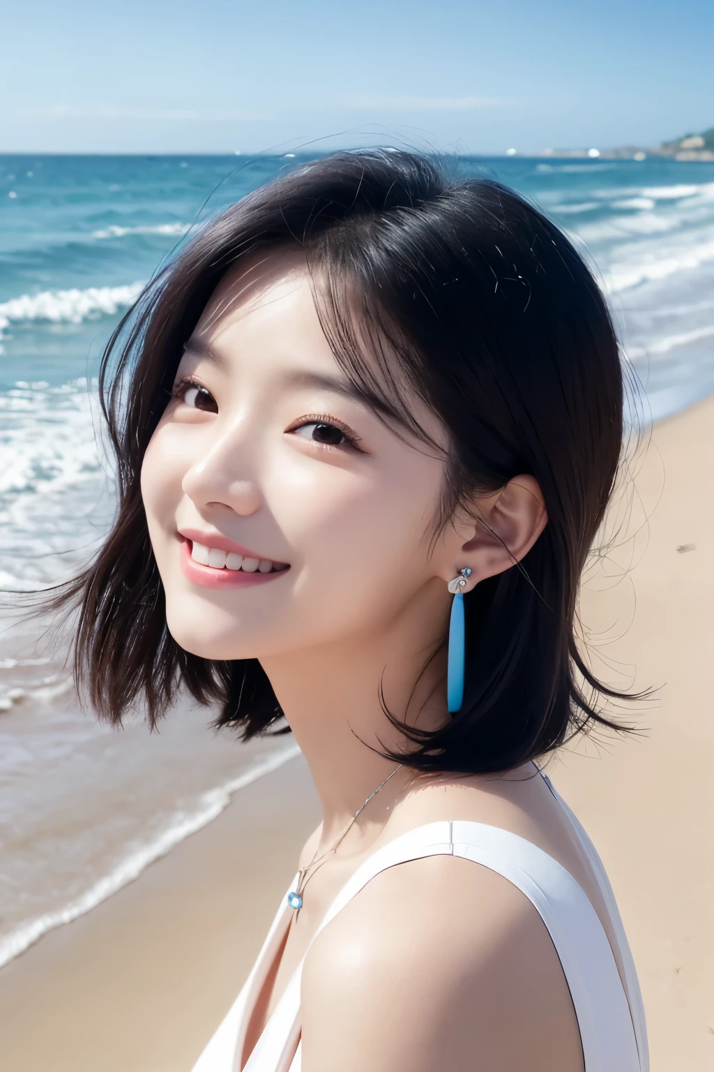 a girl wearing tiny blue sample earring, At the beach, sea, blue sky, sea breeze, half body shoot, Korean, KPOP, happy smile, group, white skin, black hair, jewelry, commercial advertising, white background, laser gradient background, subsurface scattering effect
