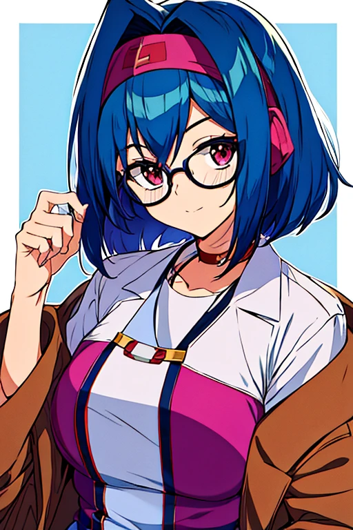 Yu-Gi-Oh、E Cup、JK、Blue Hair、Bob Hairstyle、Height: 154cm、Glasses、White headband、Glasses、doctor coat、medium shot