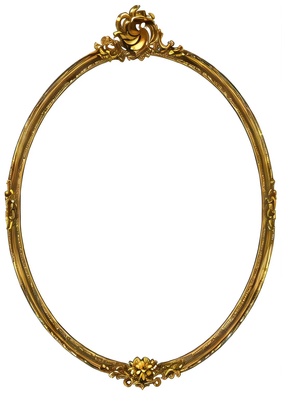 Close up of golden frame on white background, thin intricate art nouveau frame, Tall and thin, an intricate art nouveau frame, art nouveau frame, Gold frame, intricate art nouveau frame, Artwork Frame, gorgeous oval face, Gold trim, filigree frame, Wide frame, Medium frame, Gorgeous golden border, Art Nouveau frame, Golden Ring