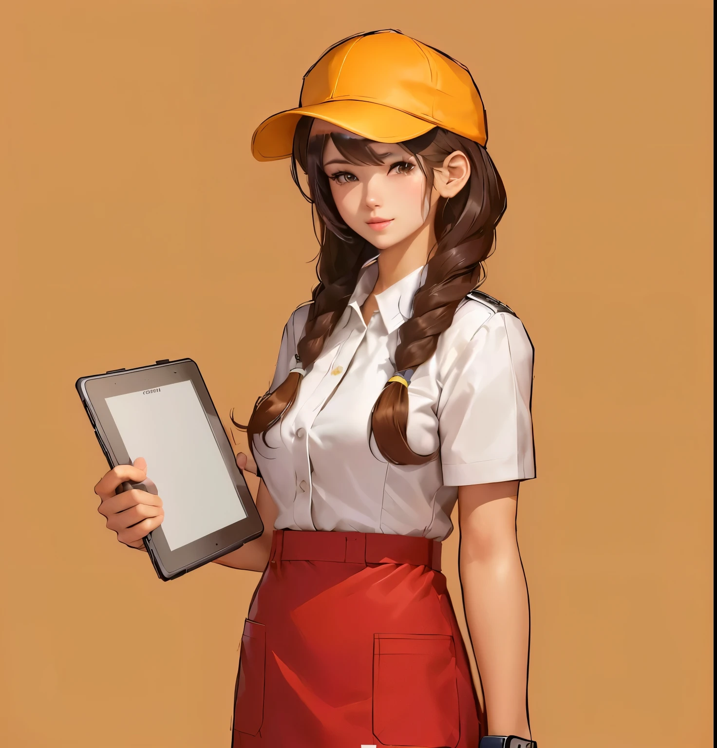 cartoon girl in uniform holding a tablet computer and a cap, ( waitress ) girl, Official character illustrations, 官方Character art, Full body portrait, Full body portrait,, Official Art, Figure art, Full body portrait, Character art, Detailed character art, Clear role-playing portraits, Official illustrations, Meticulous portraits of people, Fan Art