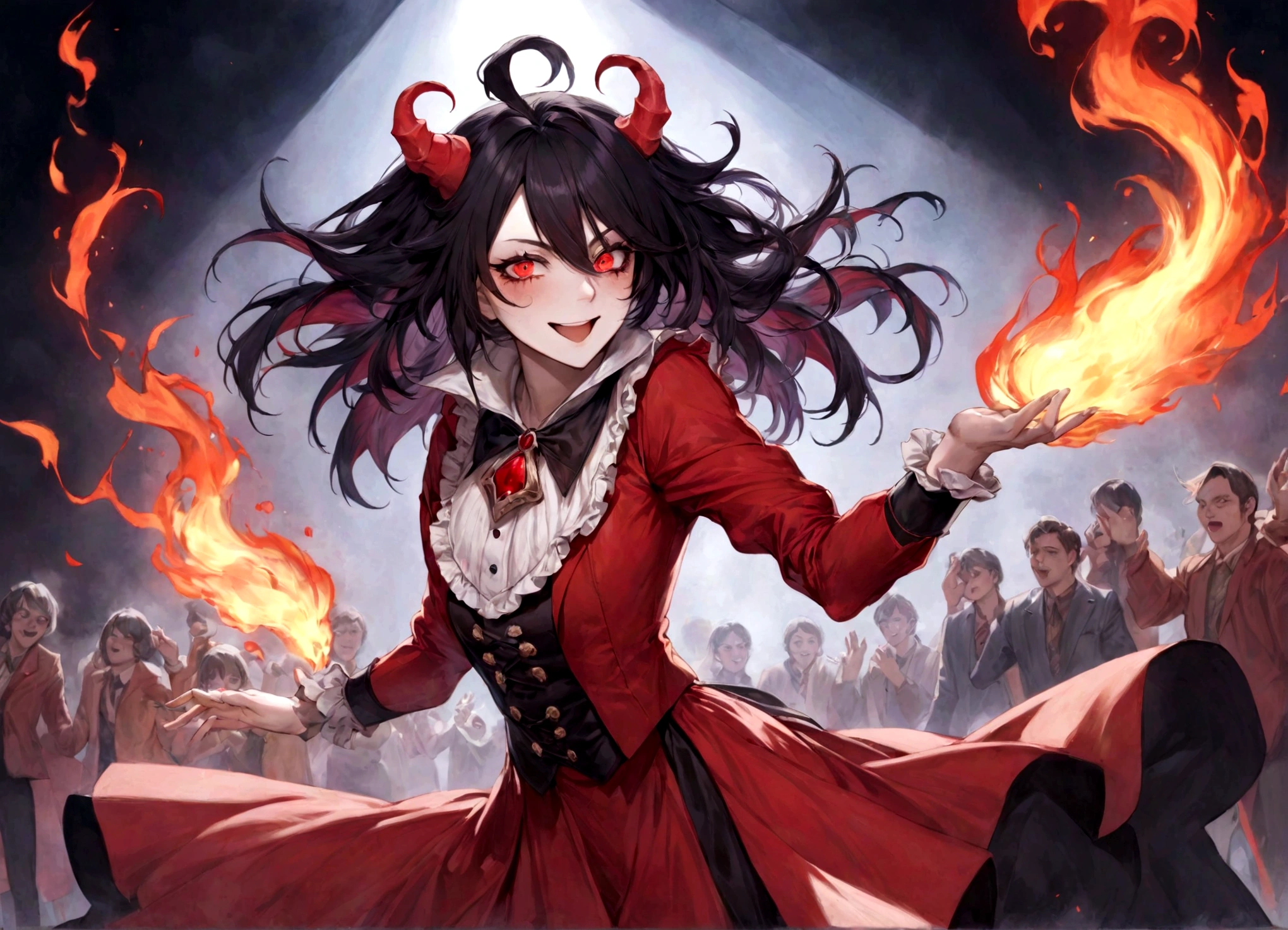 Jester, Red, Black, Rakdos, High Quality, Laughing, Female, Black Sclera, Red Iris, Fire, Magic the Gathering, Androgynous, Adult, Psychopath, Circus, Dancing, Solo, Theatre, Performer, Look Away, Black long Hair, Hair Falling over Face, 30 years old, Milf, Grown Up, Not young looking, Pale
