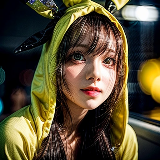(Girl in ((Yellow)) Pikachu hood), (naked hoodie, hood loosely open) . masterpiece 8K best quality, (RAW PhotoRealistic HyperRealism:1.37) Ultra-detailed, (Acutance:0.85), VolumetricLighting, detailed pupils, (Colorful Light particles, Blurred colorful Lights dazzling bokeH:1.28), { on knees | kneeling | legs spread | hands above head | Gigantic Overflowing Cleavage | (Golden ray illuminating face) | (Photon Particles:0.95) } . BREAK (((Extremely detailed KAWAII face))), perfect ???????, Childish, CaptivatingGaze, Elaborate detailed Eyes with (Sparkling Highlights:1.28), (Voluminous Long Eyelashes:0.88)、Glossy Lips, Rosy Cheeks, (Detailed Flawless FineSkin, Radiant PearlSkin with Transparency), Shiny SilkyHair, Random HairColor. { (joyful expressions:1.28) | (:d) }, (Large eyes:-1) .