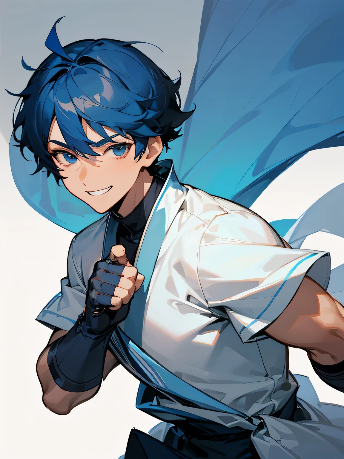 solo,chibi, (deep blue short hair:1.2), boy-like handsome face, (male eyes), male nose, male mouth, smile grin, white knight,fightng stance, simple white background,