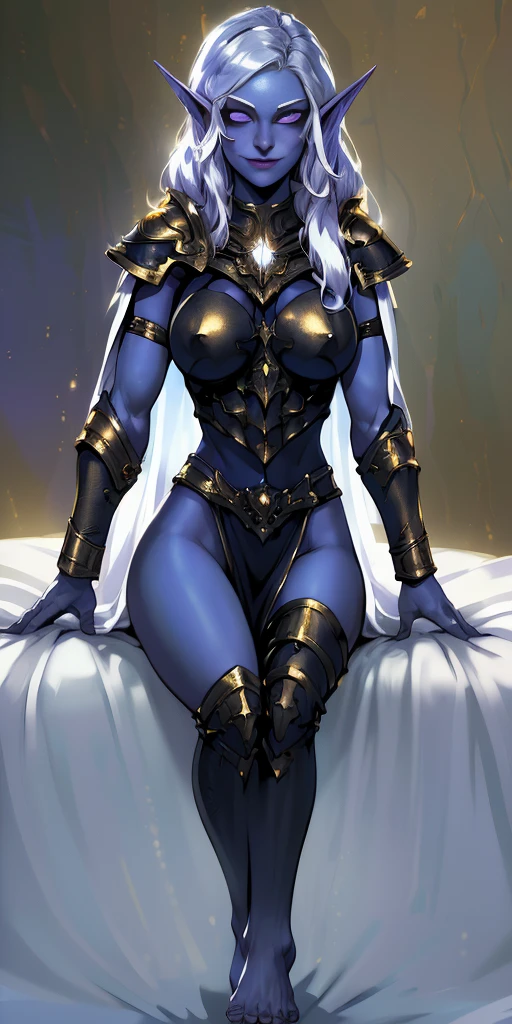 (1solofemale drow dark elf sleep on bed, bedroom background)(smile) Gray skin, pale golden hair and violet eyes. She prefer's clothing of white and silver with cloaks of deep blue or purple, huge_knockers ((very precise detailed)) ((high res) golden bracers (plain background) barefoot barehands, masterpiece, best quality, CG, wallpaper, HDR, high quality, high-definition, extremely detailed, drow, colored skin, dark elf, pointy ears, cape, armor, looking at viewer, 1girl, dimmed light, whitish eyes, long hair, chibi, porn audition casting