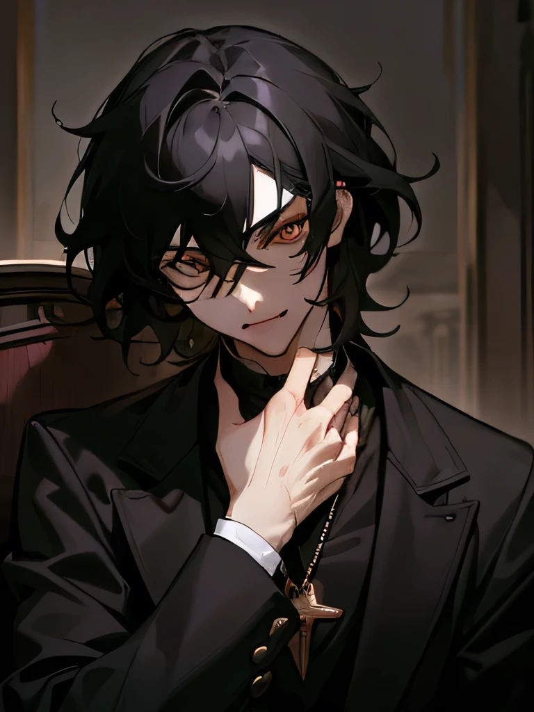 masterpiece, best quality, male character, black hair hair, red eyes, mullet, wavy hair, short hair, vampire, fangs, religious imagery, rosary, stylized character design, high quality character design, detailed character design, great character design, male, highly detailed outfit, hot, seme, sakuma rei, antique, garter belts, frontage, lateral face, lovely boy, perfect face, detailed eyes, elegant, muscular, handsome man, dark, facing camera, bloody, gothic, vampirism, pierced ears, elegant, handsome, historic, dark background, dark room, candid, neutral face, very dark background, indoors, nighttime, relaxed, peaceful, midnight, posing, prayer, beautiful, happy, kind, gentle