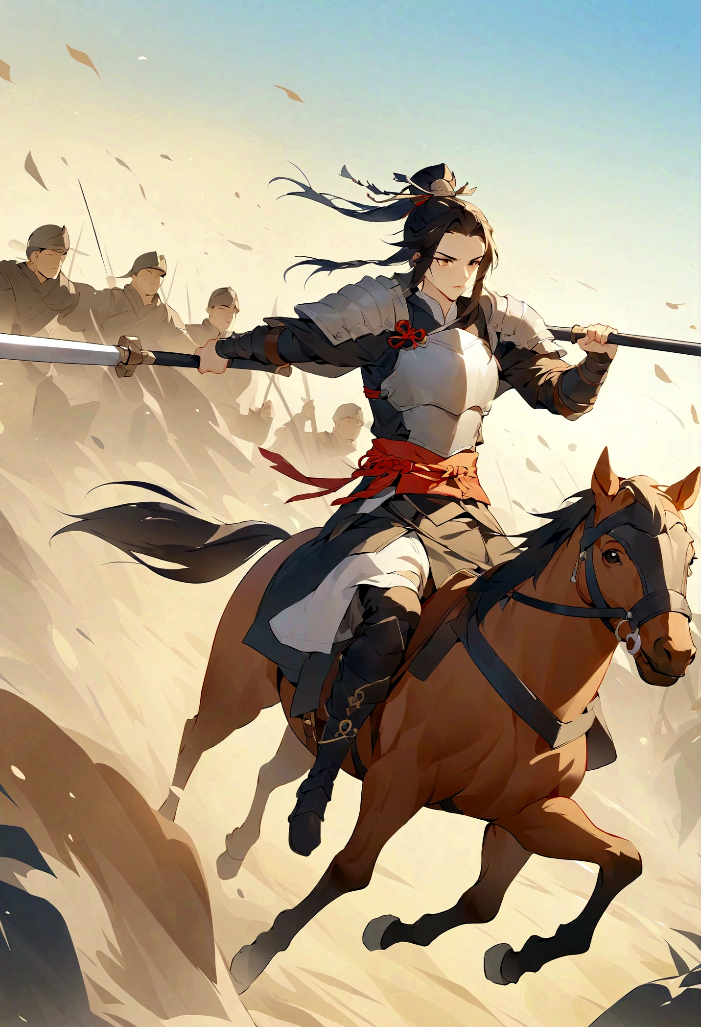 yaya，Three Kingdoms, Zhao Zilong, horse riding, wielding spears, Heroic and fearless, Wear armor, Behind it is the battlefield, Soldiers charge into battle, flint, Fight heroically