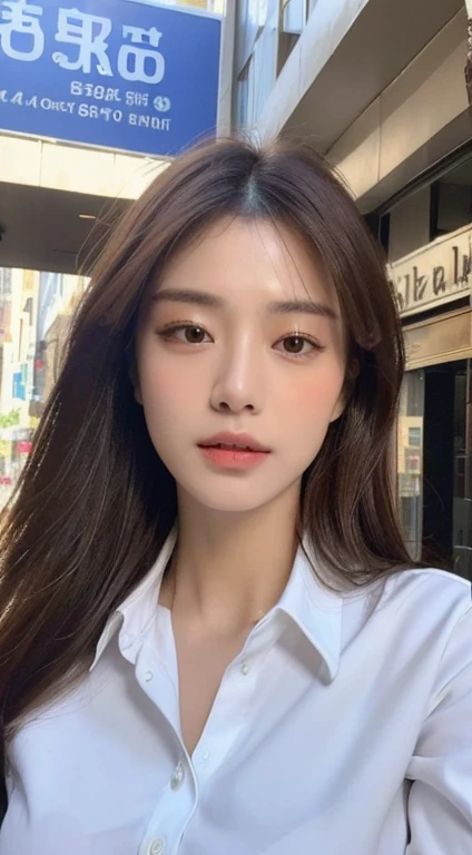 ((best quality, 8K, masterpiece :1.3)), Clear focus :1.2, Beautiful woman with perfect body :1.4, Slim abs :1.2, ((Dark brown hair, Large Breasts :1.2)), (White button up long shirt :1.1), City Streets:1.2, Highly detailed face and skin textures, delicate eyes, Double eyelids