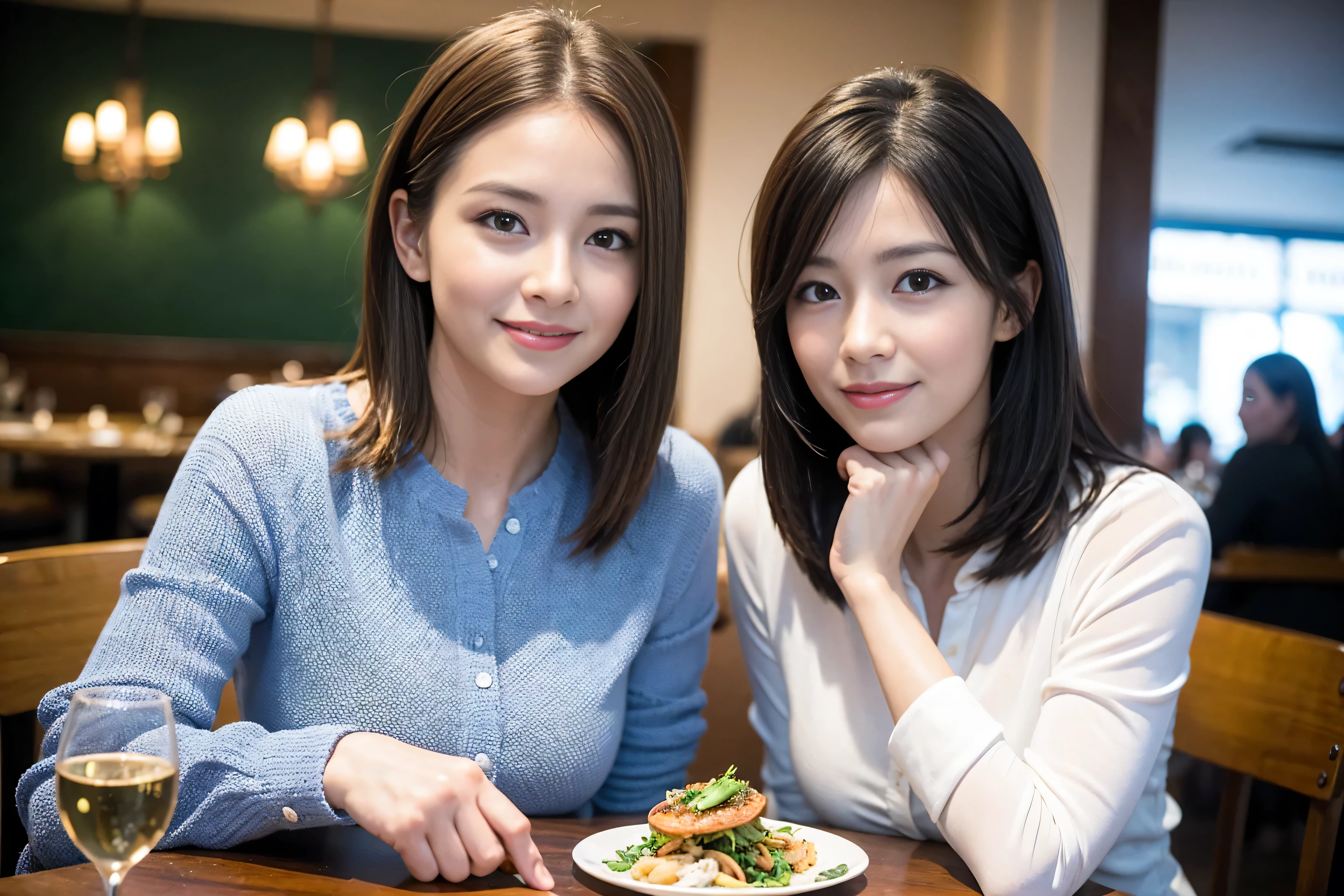 ((highest quality、8k、masterpiece:1.3))、beauty、1 male、1 female、Couple、Spouse、half、The body is slim、((Bob Hale、Straight hair:1.2)), (Realistic, Intricate details:1.2), full-course dinner,Wine glass on the table、Put the light on your face、 Amazing view of the sunset sky and clouds、A bright smile、The wonderfulness of smile、Bright image、The beauty of wine, Beautiful Face, blue eyes, The light shines on your face, Blushing, short hair,Bright Face、 (45 years old), 47 years old, red wine 、Appetizers、Italian food、Wine bottle、Champagne、sparkling wine、Two beauties、Brown Hair、Shortcuts、Long sleeve shirt、dress、Pretty Woman 1, (Slim face), (The body is slim), (Brown Hair), (Shortcuts), cheeks turn a little red,Attractive beauty、restaurant, In a prominent place (From the waist up) Nova Frog Style, actress, model, Upper Body, White wine, slim, wine glass, A wine glass placed in the center, smile, (smile: 1.15), Beautiful fine grain, Depth f/2,saturation, High Contrast, Strong light and shadow,Moist Body:1.5、3D texture、Delicate eyes、Brown Hair、The hair is very shiny、