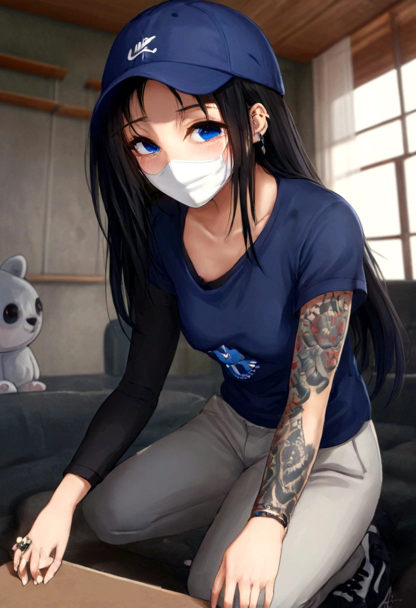 beautiful girl with long, straight black hair, white, fair skin, black eyes, wearing a black mask on her face, 1.60 metres tall, slim, small bust, wearing a white shirt underneath, a dark blue shirt on top, light grey trousers, Nike trainers, a blue cap, tattoos all over her arm, earrings in her ears, with her beautiful dark eyes,