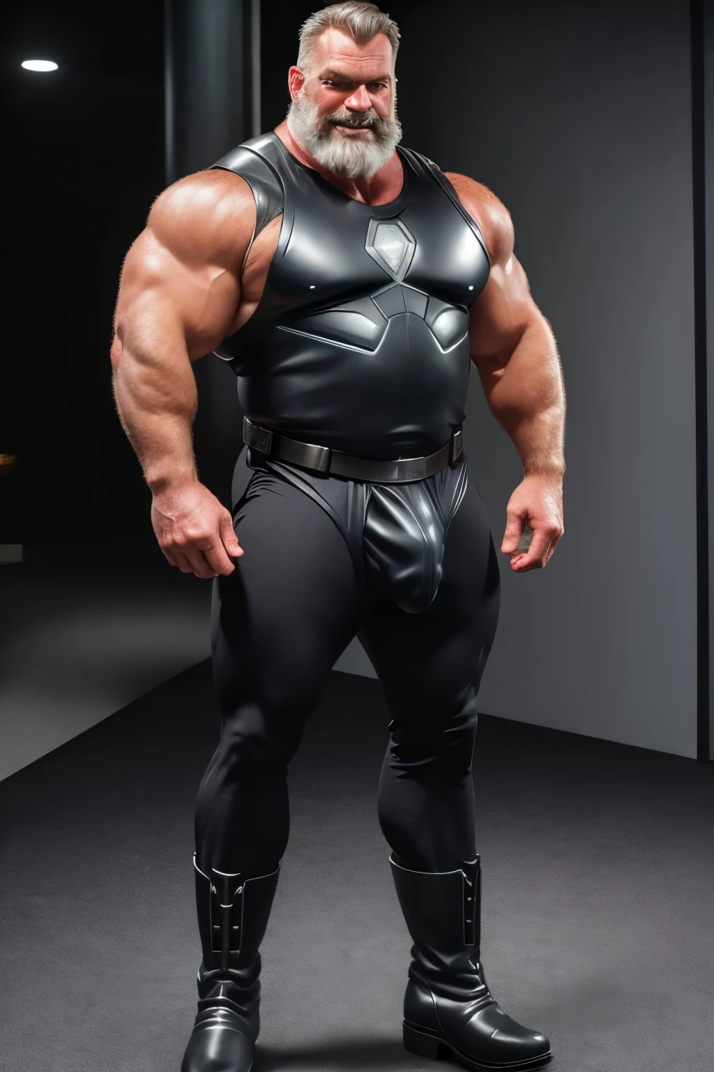 (handsome mature man), (50 yo), white man, wearing black spandex pants, heavy boots(futuristic), leather west, nicebulge, (beefy:1.3), beard, looking at viewer, beautiful man, detailed eyes, symmetric face, smirk, robust, greying hair, futuristic planet, holding a raygun, (full body shot:1.7) 