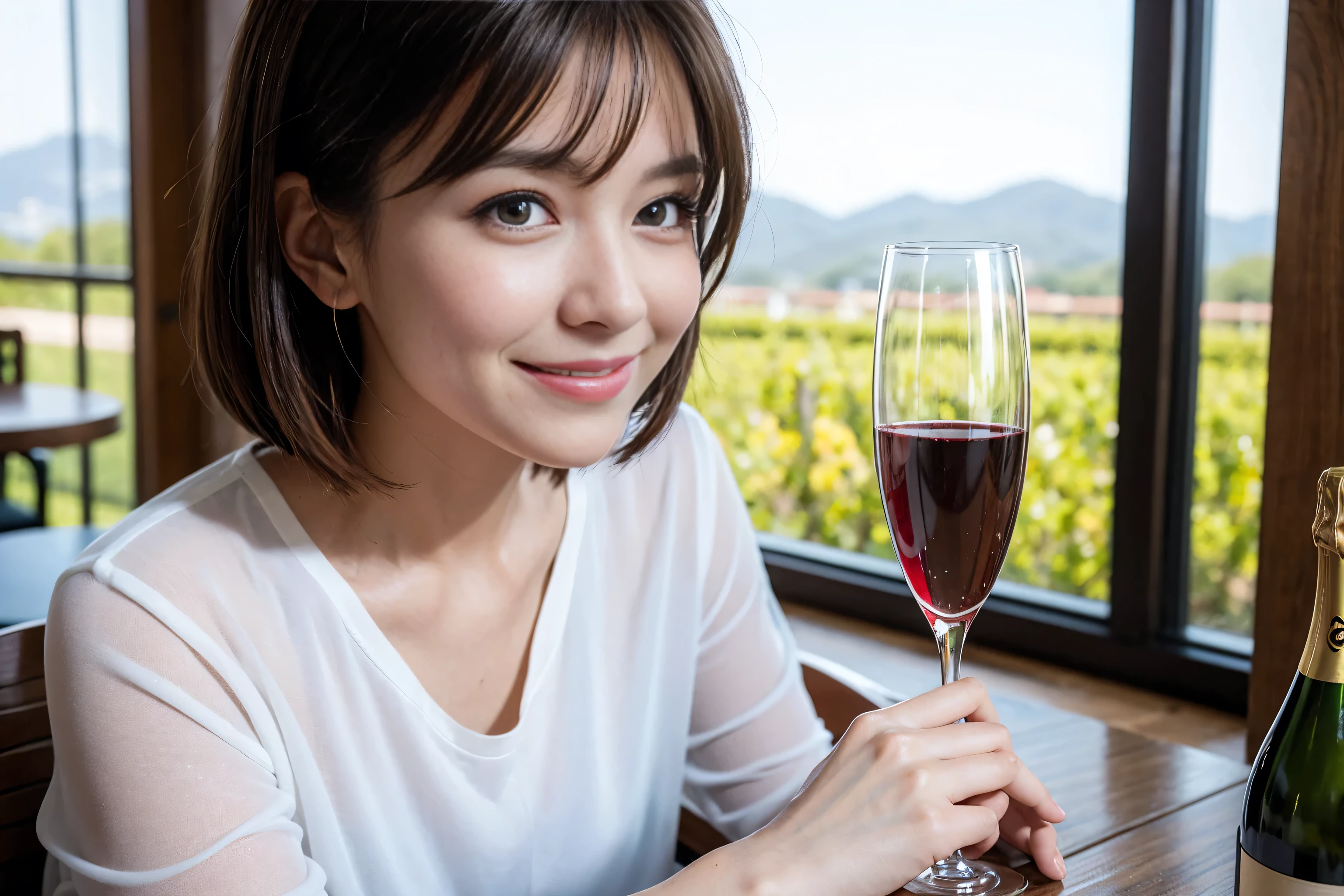 ((highest quality、8k、masterpiece:1.3))、1 male、1 female、Half Couple、Spouse、Brown Hair Couple、The body is slim、((Bob Hale、Straight hair:1.2)), (Realistic, Intricate details:1.2), Wine glass on the table、Shine light on your face、 Amazing view of the sunset sky and clouds、Amazing mountain views、A bright smile、The wonderfulness of smile、Bright image、The beauty of wine, Beautiful Face, blue eyes, The light shines on your face, Blushing, short hair,Bright Face、 (Age 37), 39 years old, red wine 、Appetizers、Italian food、Wine bottle、Champagne、sparkling wine、Two beauties、Brown Hair、Shortcuts、Long sleeve shirt、dress、Pretty Woman 1, (Slim face), (The body is slim), (Brown Hair), (Shortcuts), cheeks turn a little red,Attractive beauty、restaurant, In a prominent place (From the waist up) Nova Frog Style, actress, model, Upper Body, White wine, slim, wine glass, A wine glass placed in the center, smile, (smile: 1.15), Beautiful fine grain, Depth f/2,saturation, High Contrast, Strong light and shadow,Moist Body:1.5、3D texture、Delicate eyes、Brown Hair、The hair is very shiny、