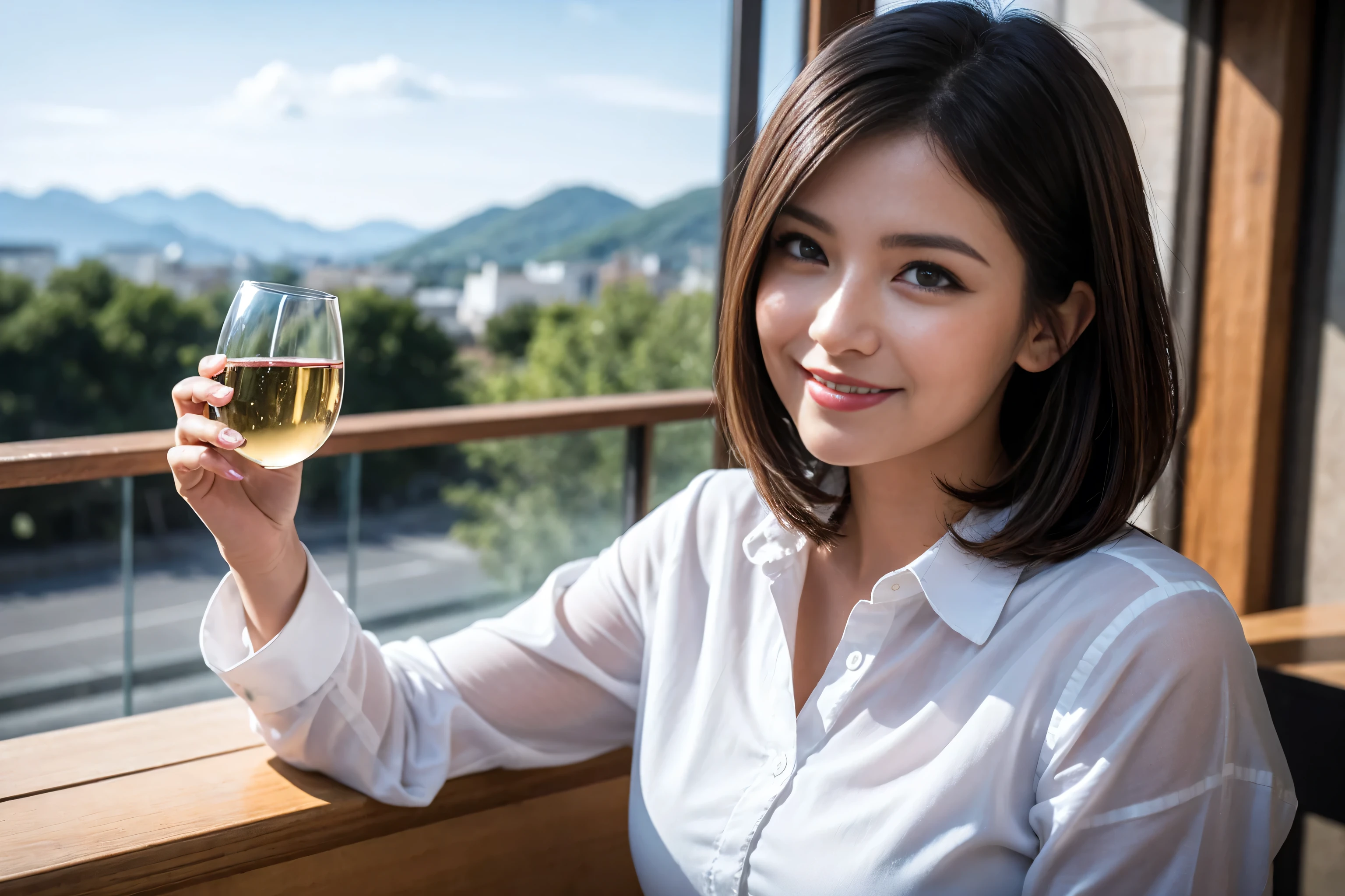 ((highest quality、8k、masterpiece:1.3))、1 male、1 female、Half Couple、Spouse、Brown Hair Couple、The body is slim、((Bob Hale、Straight hair:1.2)), (Realistic, Intricate details:1.2), Wine glass on the table、Shine light on your face、 Amazing view of the sunset sky and clouds、Amazing mountain views、A bright smile、The wonderfulness of smile、Bright image、The beauty of wine, Beautiful Face, blue eyes, The light shines on your face, Blushing, short hair,Bright Face、 (Age 37), 39 years old, red wine 、Appetizers、Italian food、Wine bottle、Champagne、sparkling wine、Two beauties、Brown Hair、Shortcuts、Long sleeve shirt、dress、Pretty Woman 1, (Slim face), (The body is slim), (Brown Hair), (Shortcuts), cheeks turn a little red,Attractive beauty、restaurant, In a prominent place (From the waist up) Nova Frog Style, actress, model, Upper Body, White wine, slim, wine glass, A wine glass placed in the center, smile, (smile: 1.15), Beautiful fine grain, Depth f/2,saturation, High Contrast, Strong light and shadow,Moist Body:1.5、3D texture、Delicate eyes、Brown Hair、The hair is very shiny、