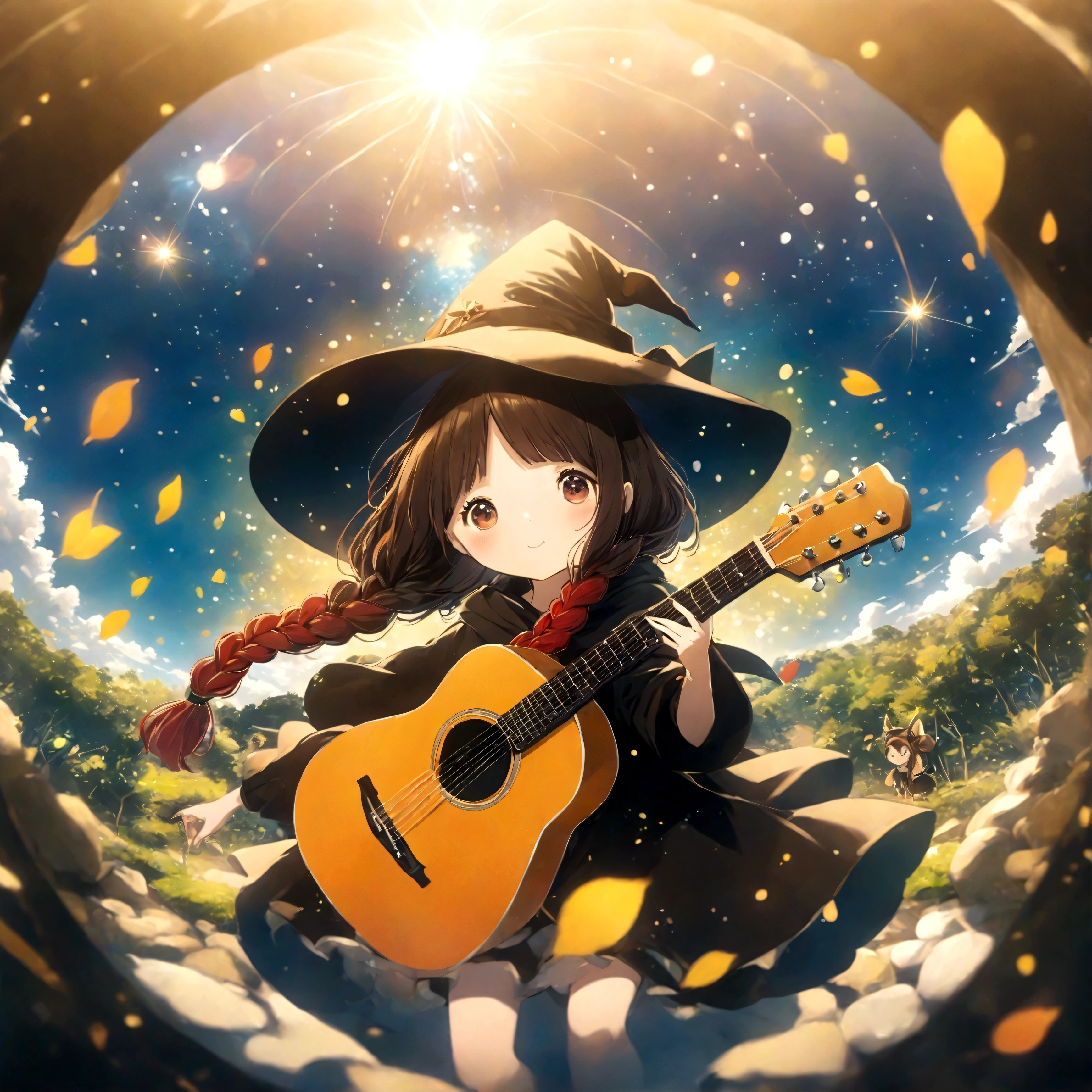 With red twin braids、, Cute anime style Hagrid, a young witch, Anime cute art style, Marisa Kirisame, Witch Girl, Anime Characters, as an Anime Characters, Has magical powers, young wizard, Different world, holding a guitar，ultra wide angle lens
