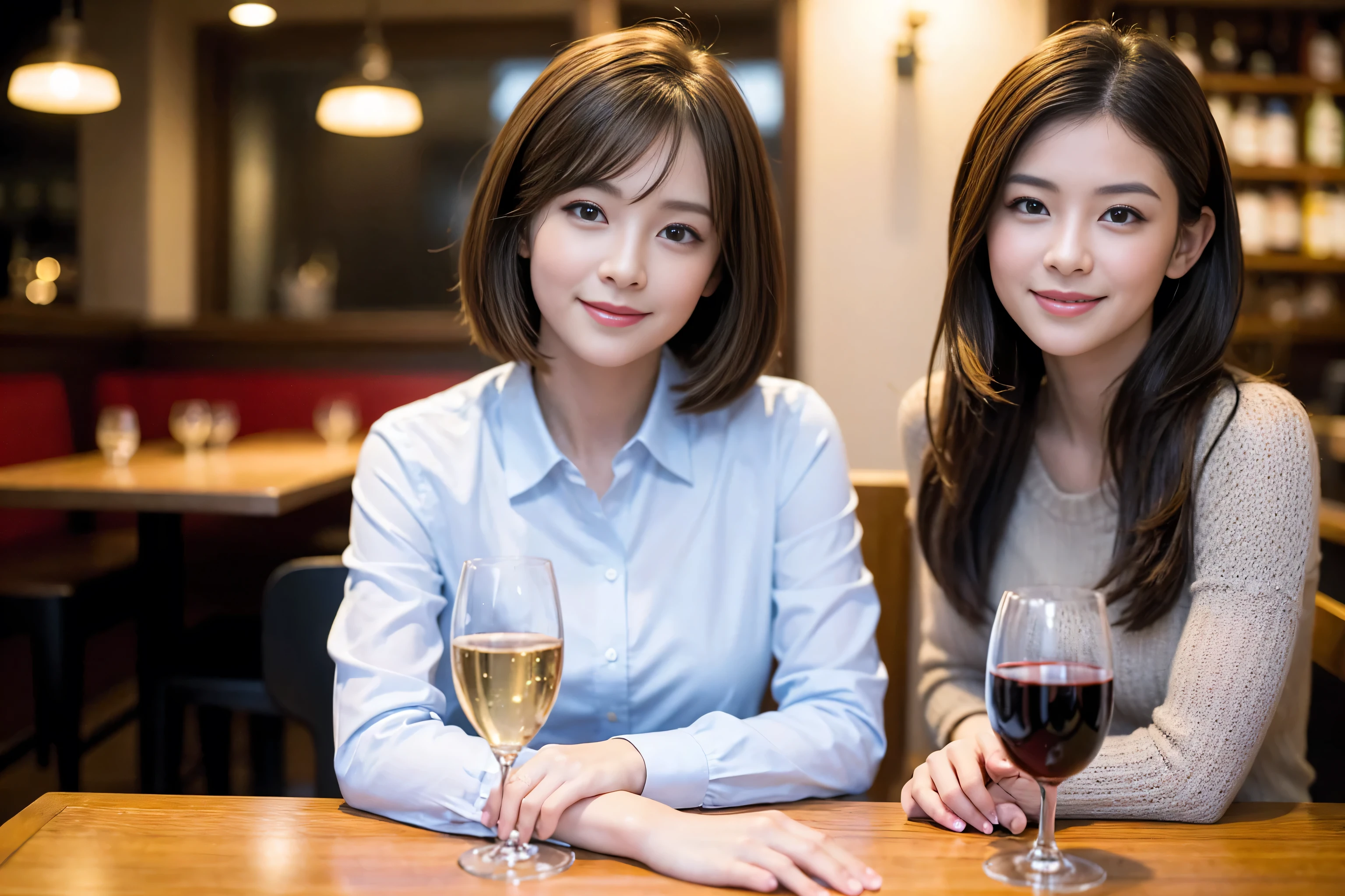 ((highest quality、8k、masterpiece:1.3))、1 male、1 female、Half Couple、Spouse、Brown Hair Couple、The body is slim、((Bob Hale、Straight hair:1.2)), (Realistic, Intricate details:1.2), Wine glass on the table、Shine light on your face、 Amazing view of the sunset sky and clouds、Amazing mountain views、A bright smile、The wonderfulness of smile、Bright image、The beauty of wine, Beautiful Face, blue eyes, The light shines on your face, Blushing, short hair,Bright Face、 (Age 37), 39 years old, red wine 、Appetizers、Italian food、Wine bottle、Champagne、sparkling wine、Two beauties、Brown Hair、Shortcuts、Long sleeve shirt、dress、Pretty Woman 1, (Slim face), (The body is slim), (Brown Hair), (Shortcuts), cheeks turn a little red,Attractive beauty、restaurant, In a prominent place (From the waist up) Nova Frog Style, actress, model, Upper Body, White wine, slim, wine glass, A wine glass placed in the center, smile, (smile: 1.15), Beautiful fine grain, Depth f/2,saturation, High Contrast, Strong light and shadow,Moist Body:1.5、3D texture、Delicate eyes、Brown Hair、The hair is very shiny、