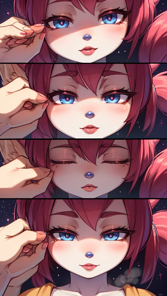 Hallucination, daydream , fantastic , Fear , bokeh , fox girl , hair tie , Medium hair , up hair , Sensual nape , Fireworks display , (closeup face:1.9) , glossy lips , detail , (Close eyes) , Waiting for a kiss , from below , (woman on top) , steamy breath , I can not stand it any longer , Mouth gesture , (Hand job gesture:0.8) , Hair falls towards the viewer , Peeking Down , Applying lipstick , Lipstick advertisement , Rouge lipstick